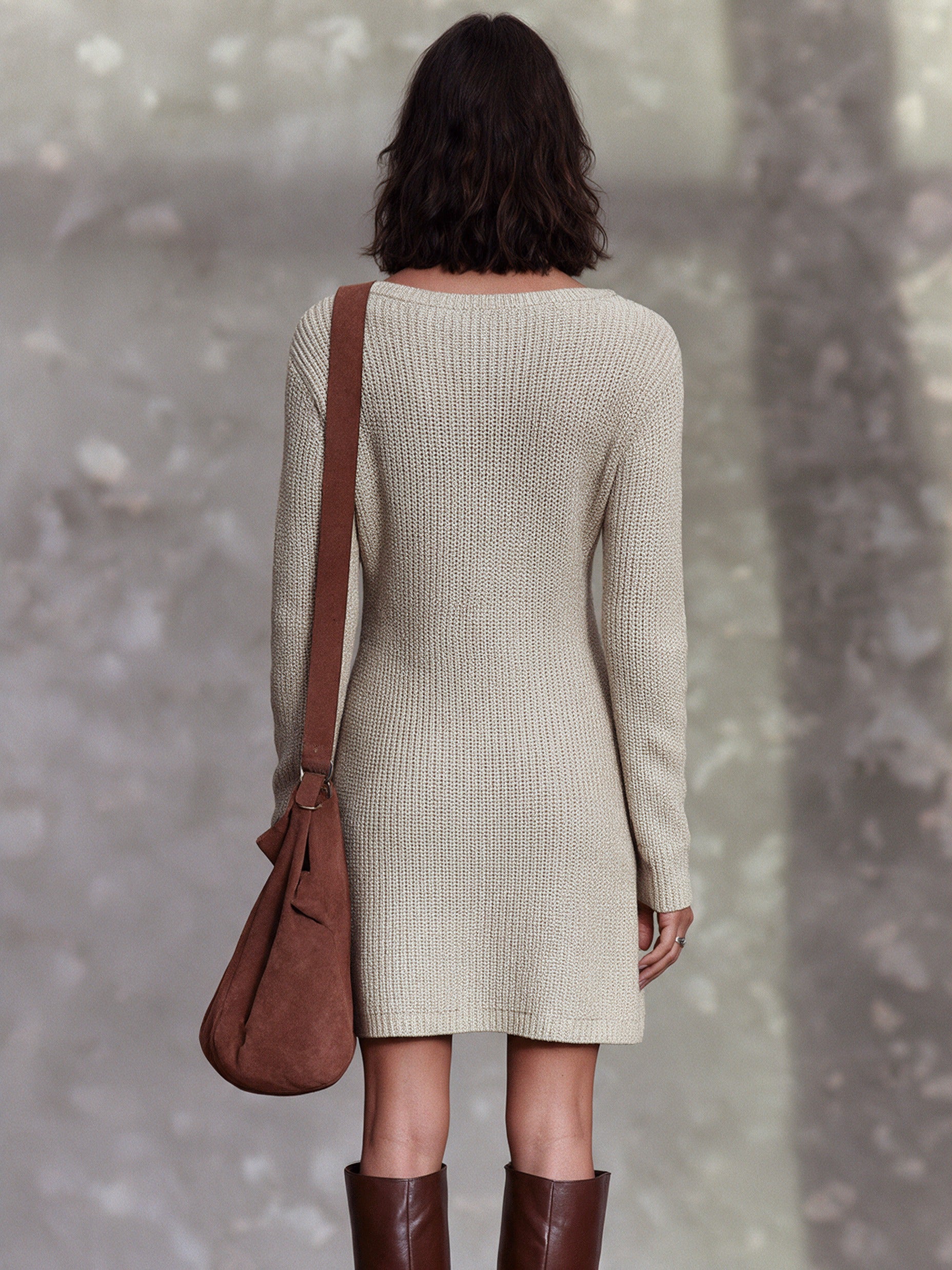 Women's Elegant Twist-Front Knit V-Neck Mini Dress