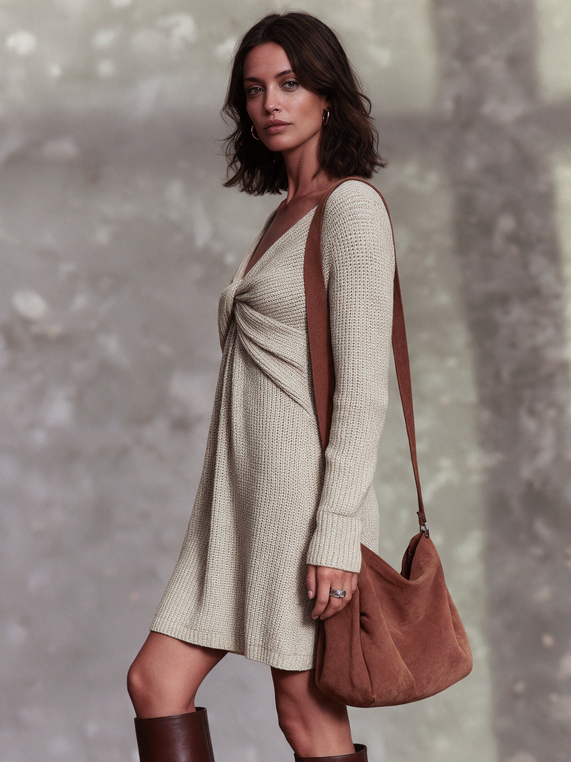 Women's Elegant Twist-Front Knit V-Neck Mini Dress