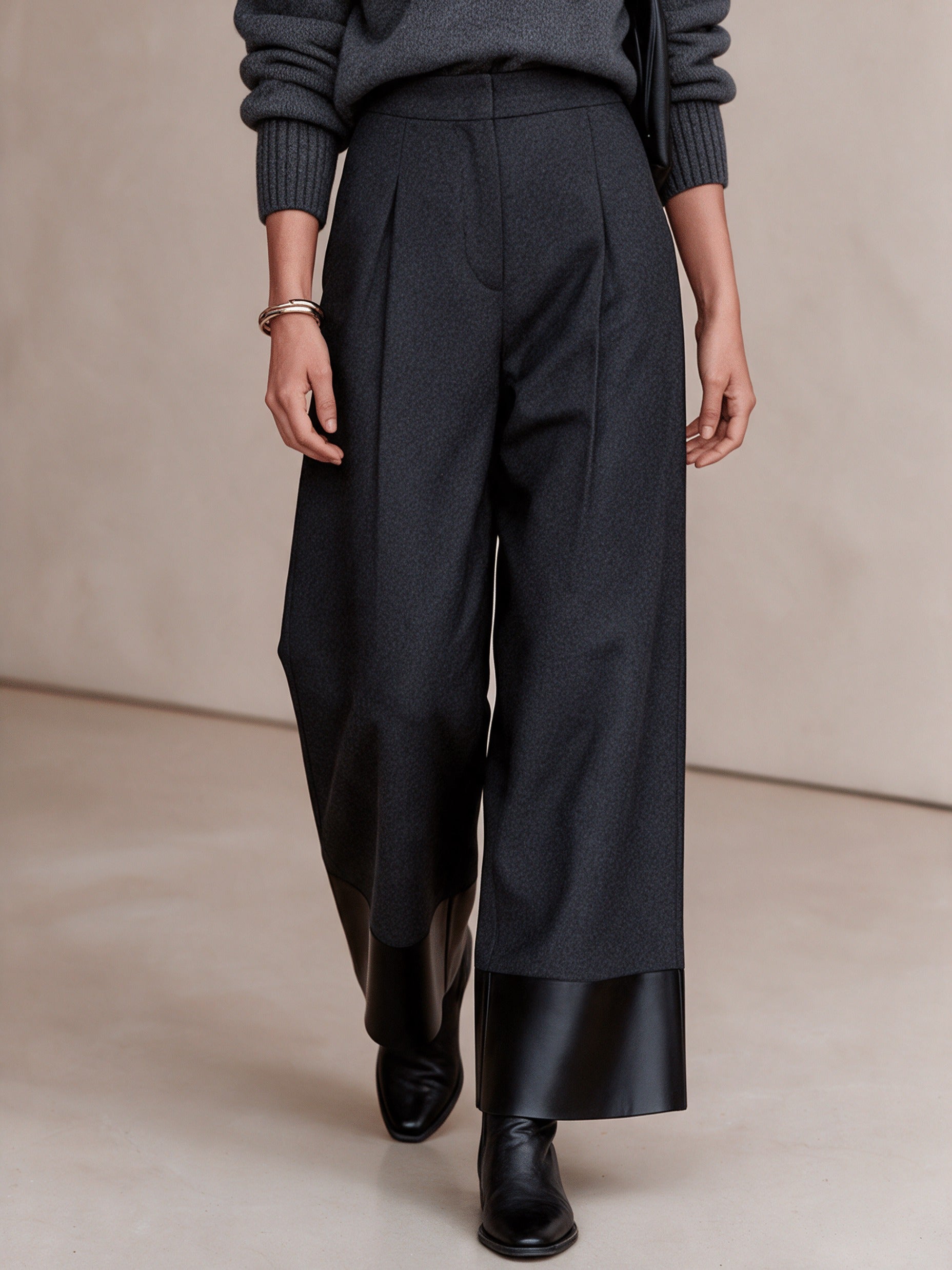 Women's Minimalist Contrast-Hem High-Waisted Wide-Leg Pants