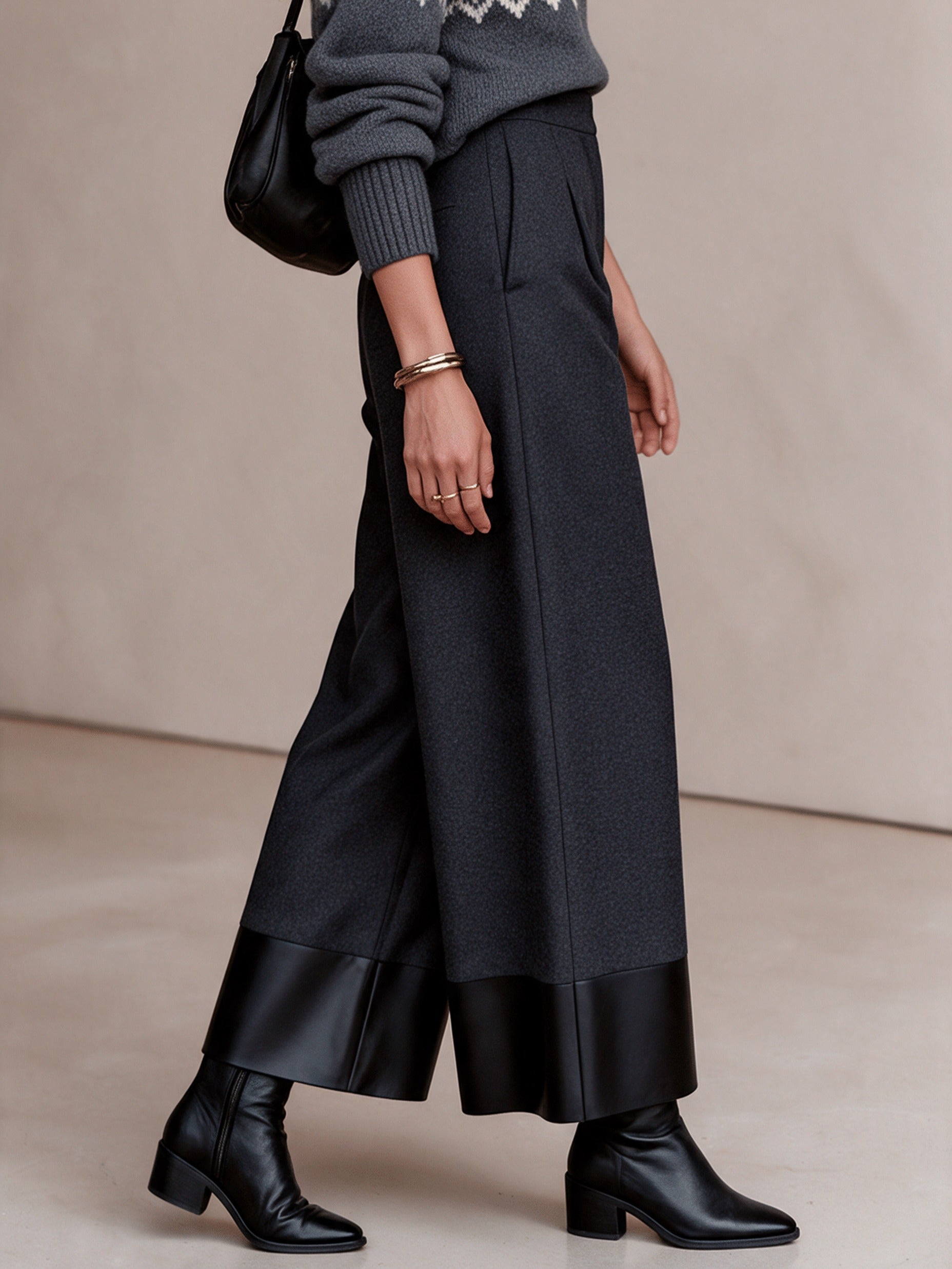 Women's Minimalist Contrast-Hem High-Waisted Wide-Leg Pants