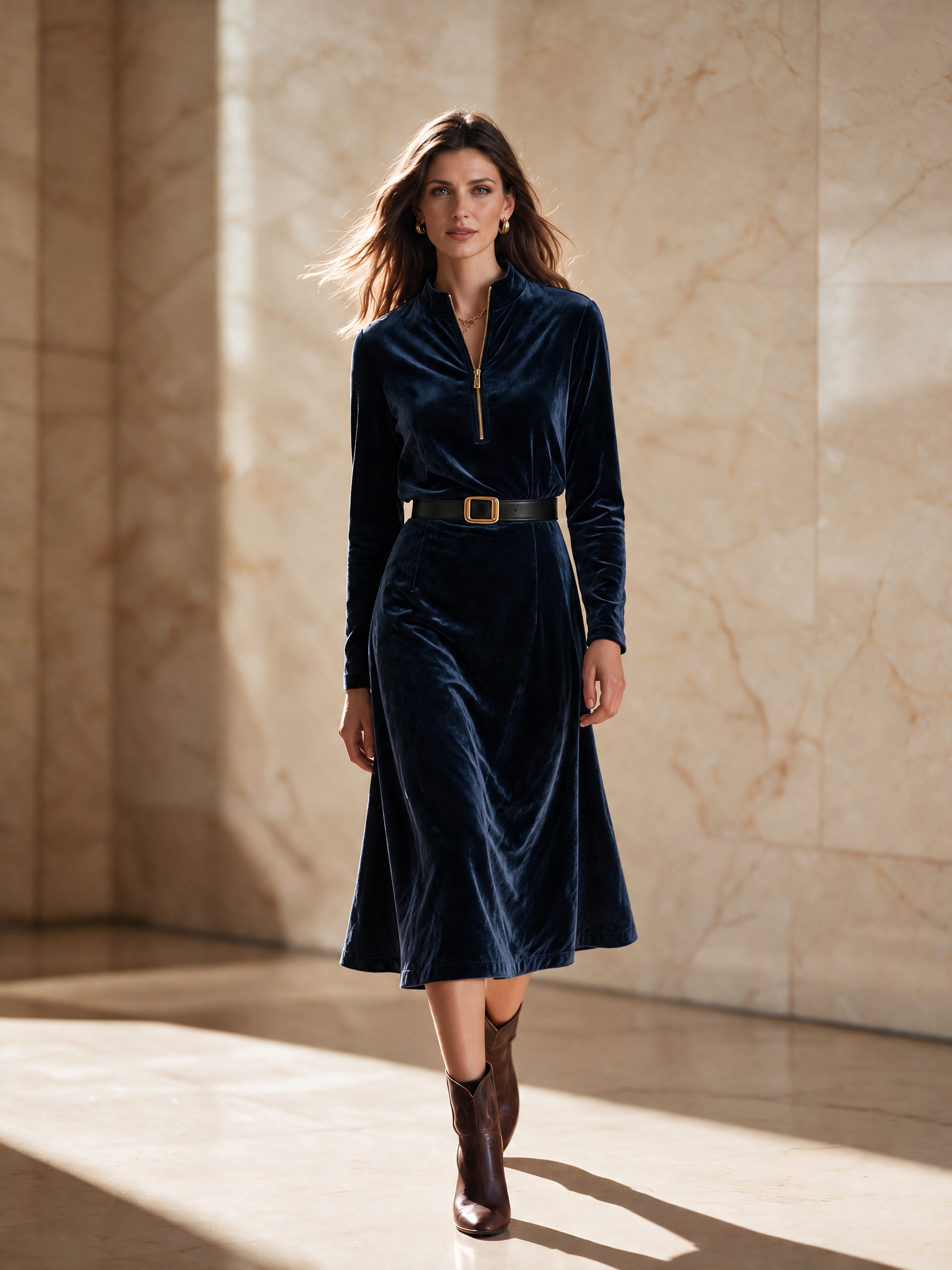 Women’s Half-Zip High-Neck Velvet Midi Dress (Belt Not Included)