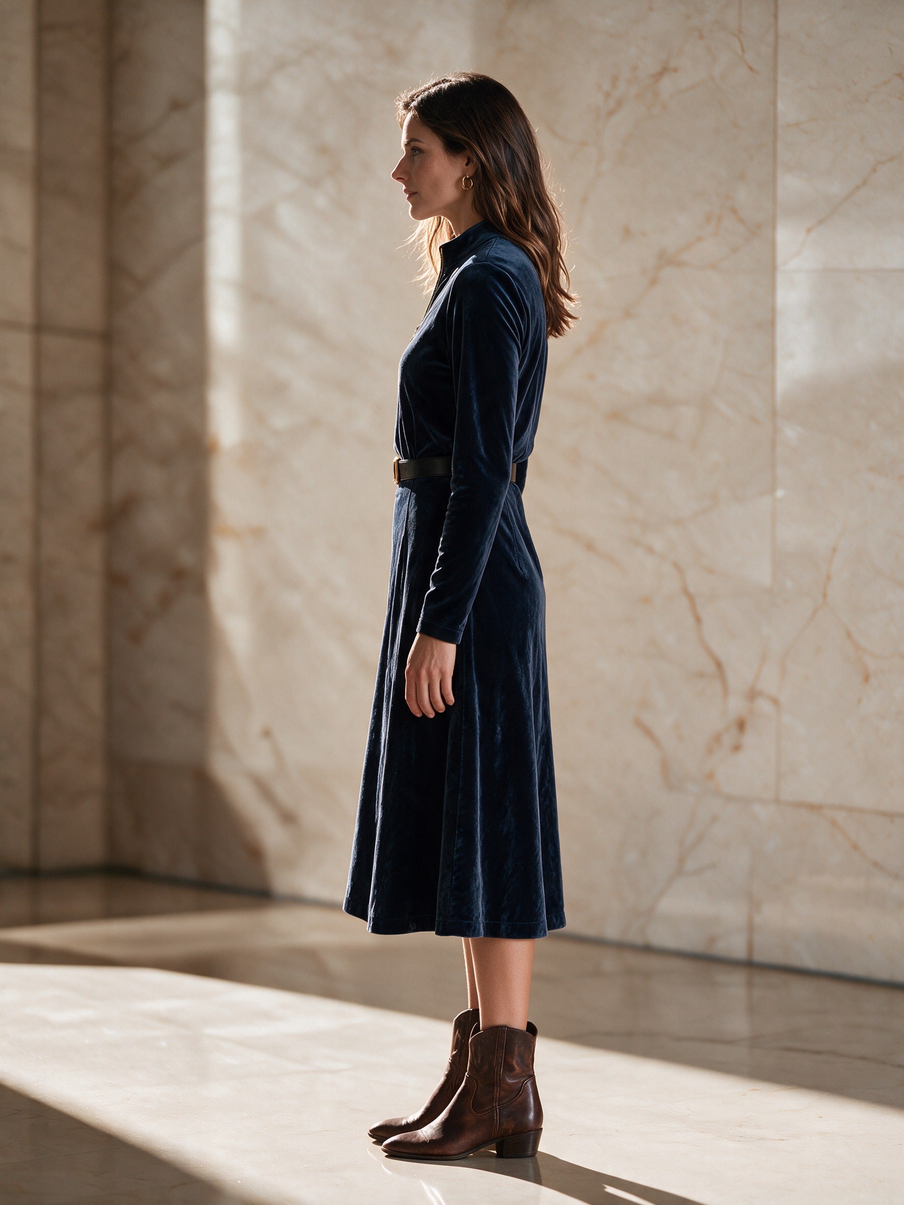Women’s Half-Zip High-Neck Velvet Midi Dress (Belt Not Included)