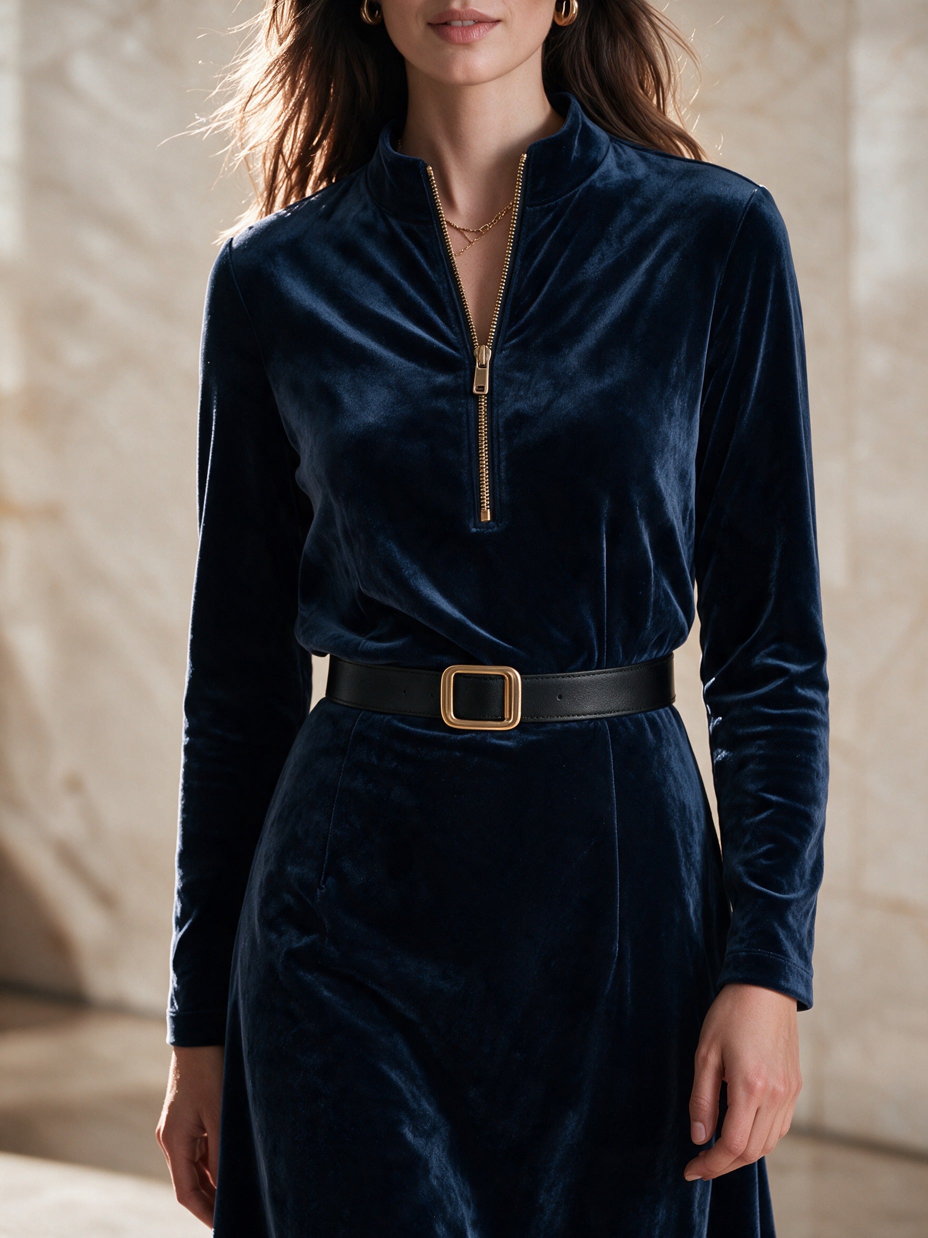 Women’s Half-Zip High-Neck Velvet Midi Dress (Belt Not Included)