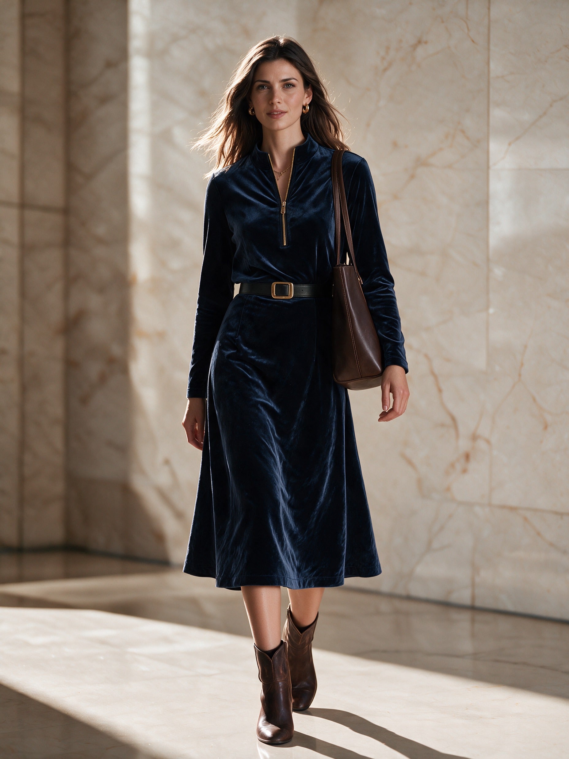 Women’s Half-Zip High-Neck Velvet Midi Dress (Belt Not Included)
