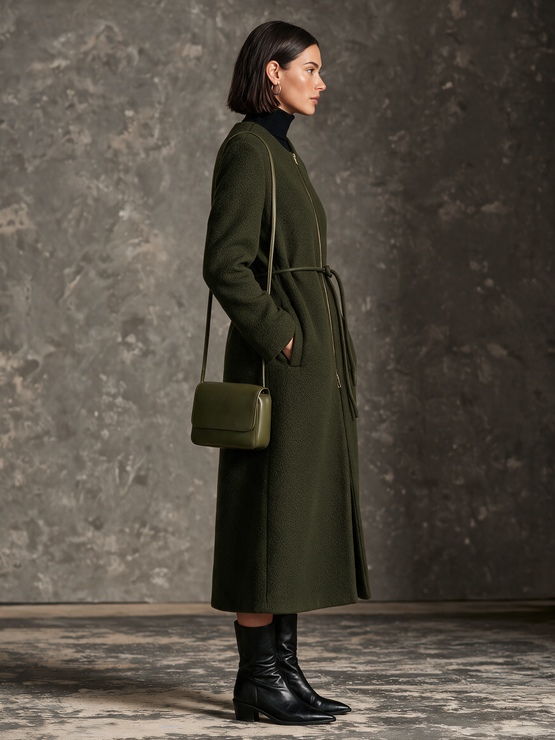 Women's Olive Green Bouclé Wool Crew Neck Front Zip Belted Midi Coat
