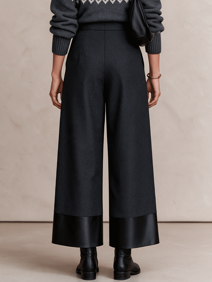 Women's Minimalist Contrast-Hem High-Waisted Wide-Leg Pants