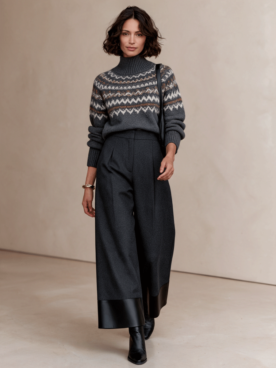 Women's Minimalist Contrast-Hem High-Waisted Wide-Leg Pants