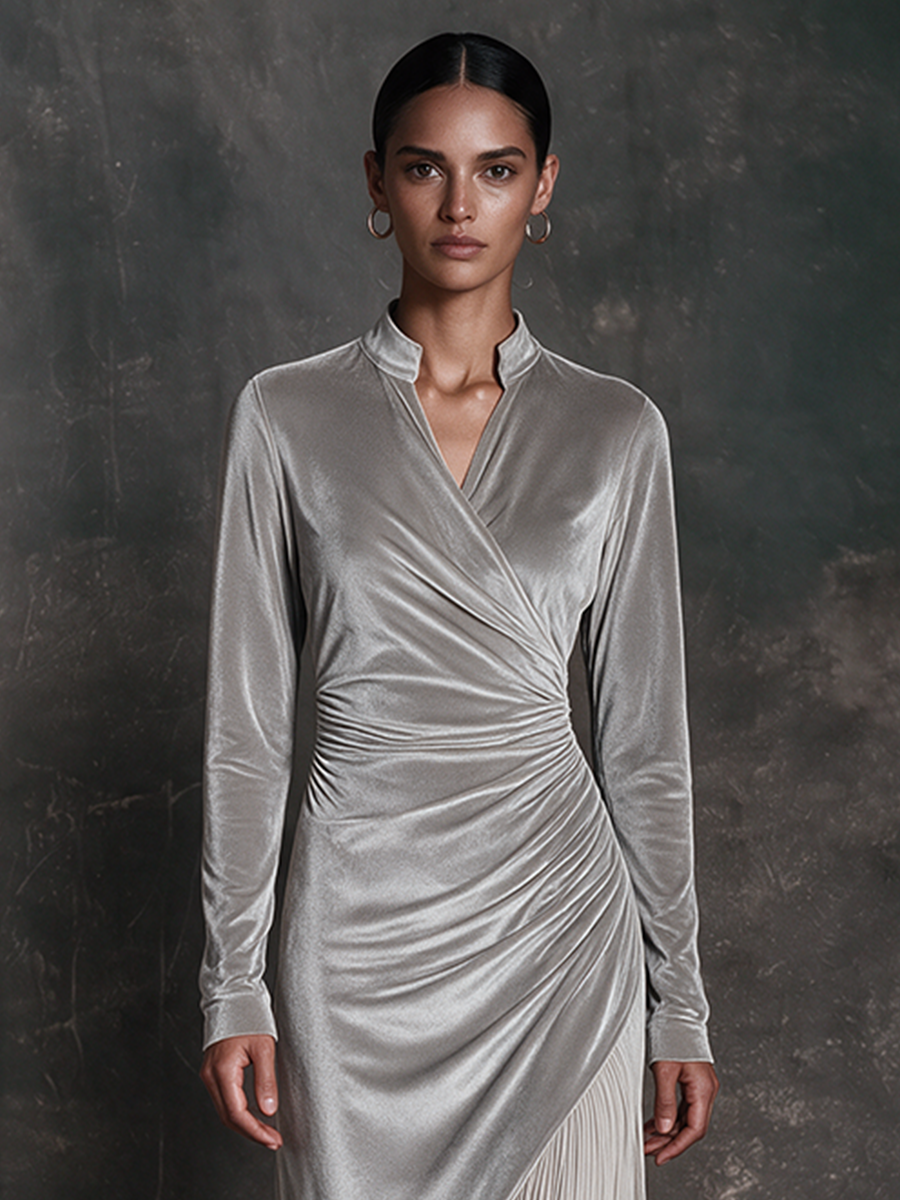 Women's Silver Grey Velvet Stand Collar Wrap Pleated Panel Maxi Dress