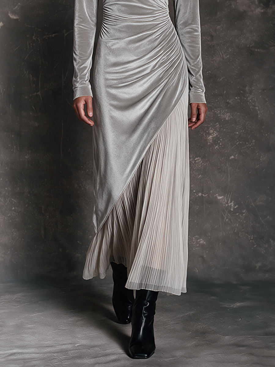 Women's Silver Grey Velvet Stand Collar Wrap Pleated Panel Maxi Dress