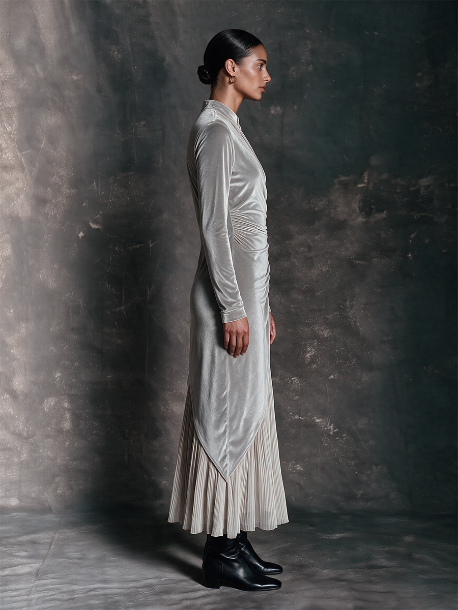 Women's Silver Grey Velvet Stand Collar Wrap Pleated Panel Maxi Dress