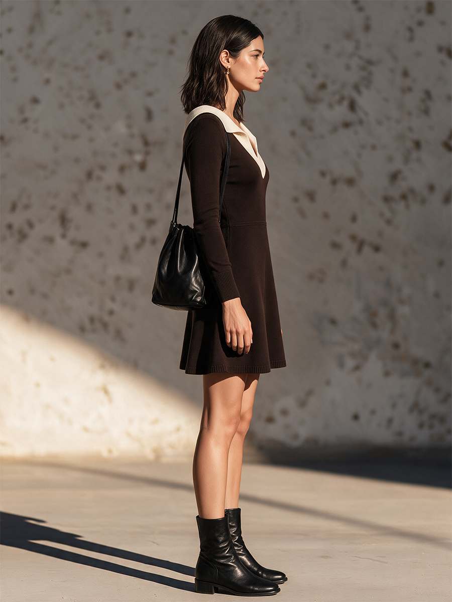 Women's Dark Coffee Wool Knit Cream Collar V-Neck A-Line Mini Dress