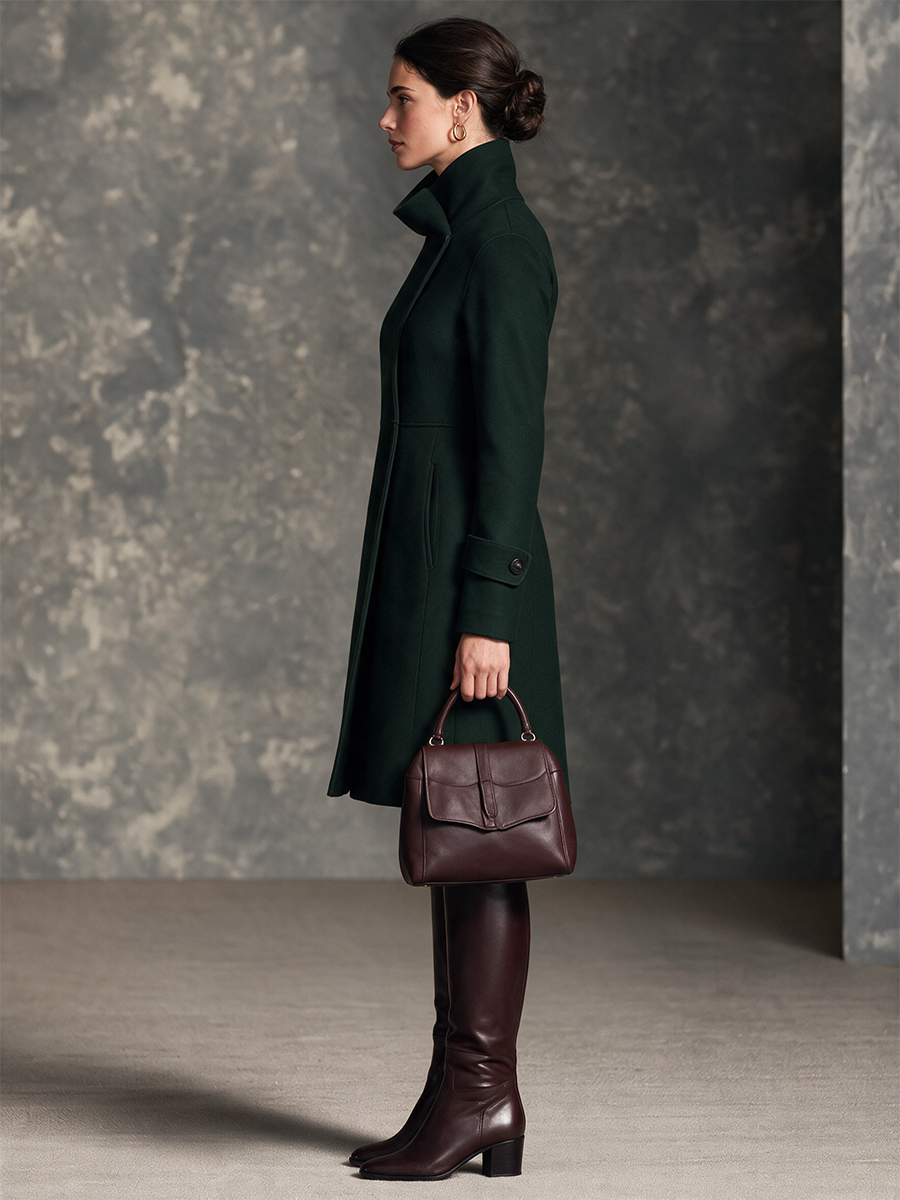Women's Dark Green Wool High Collar Cinched-Waist A-Line Midi Coat