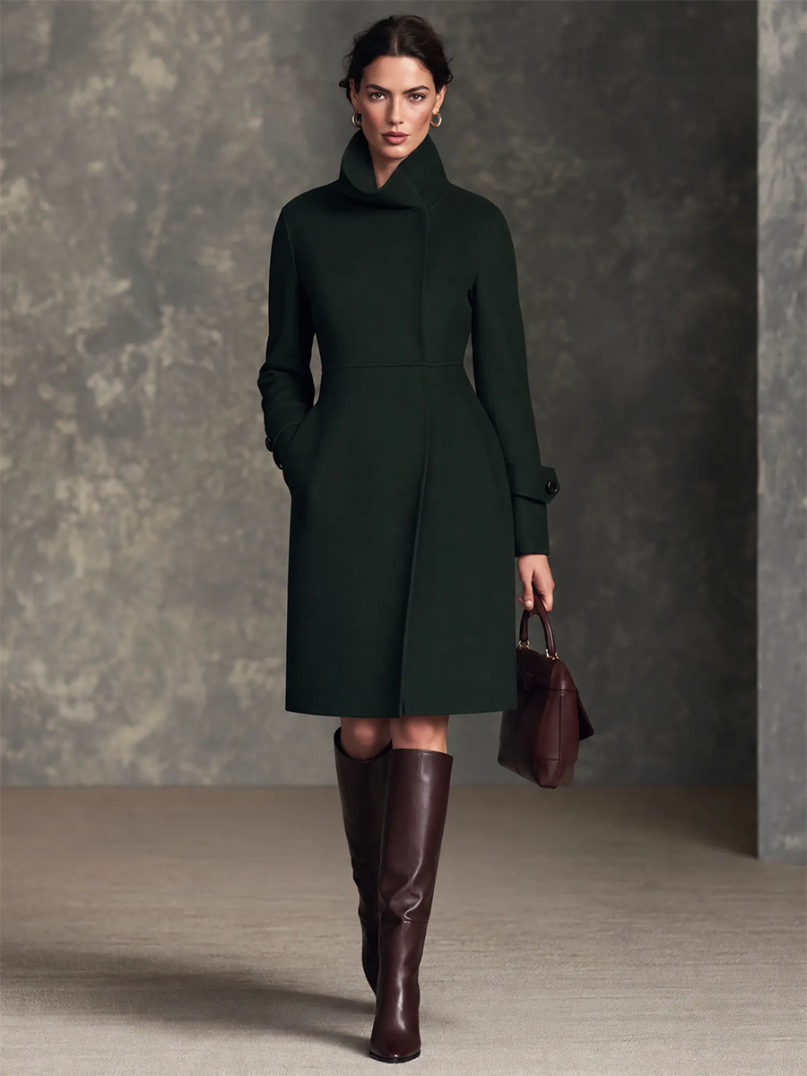 Women's Dark Green Wool High Collar Cinched-Waist A-Line Midi Coat