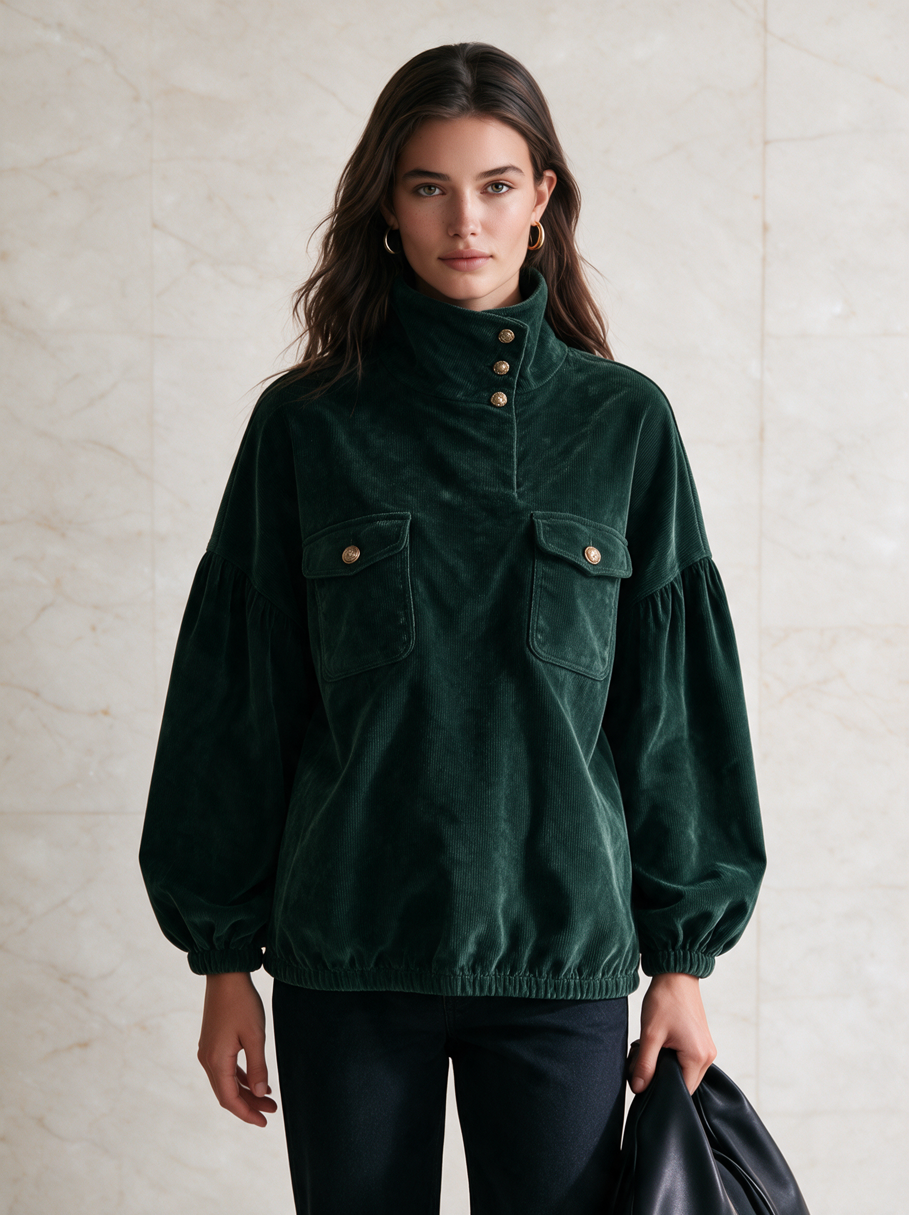 Women’s Stand-Collar Corduroy Pullover With Button Accents