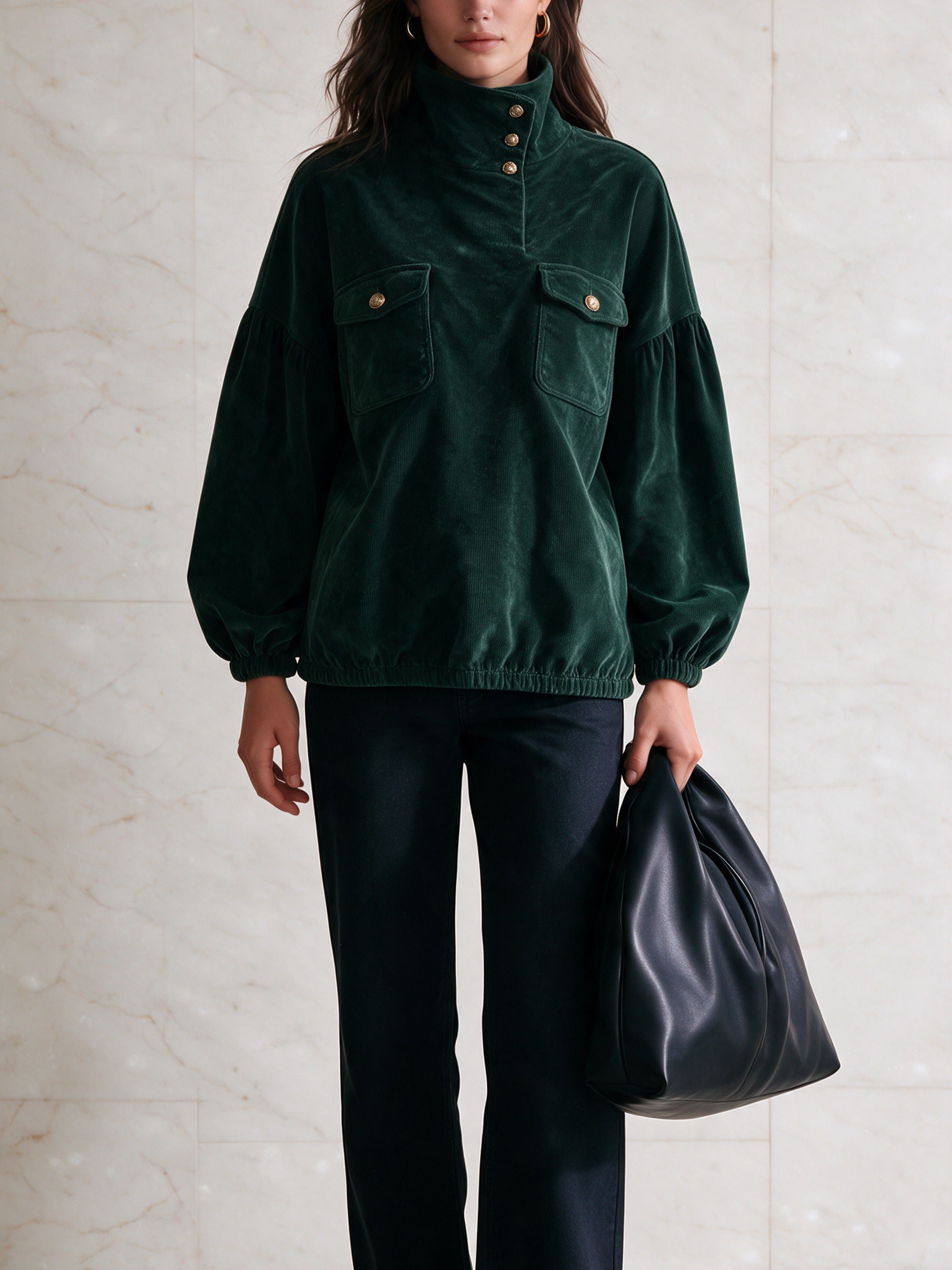 Women’s Stand-Collar Corduroy Pullover With Button Accents