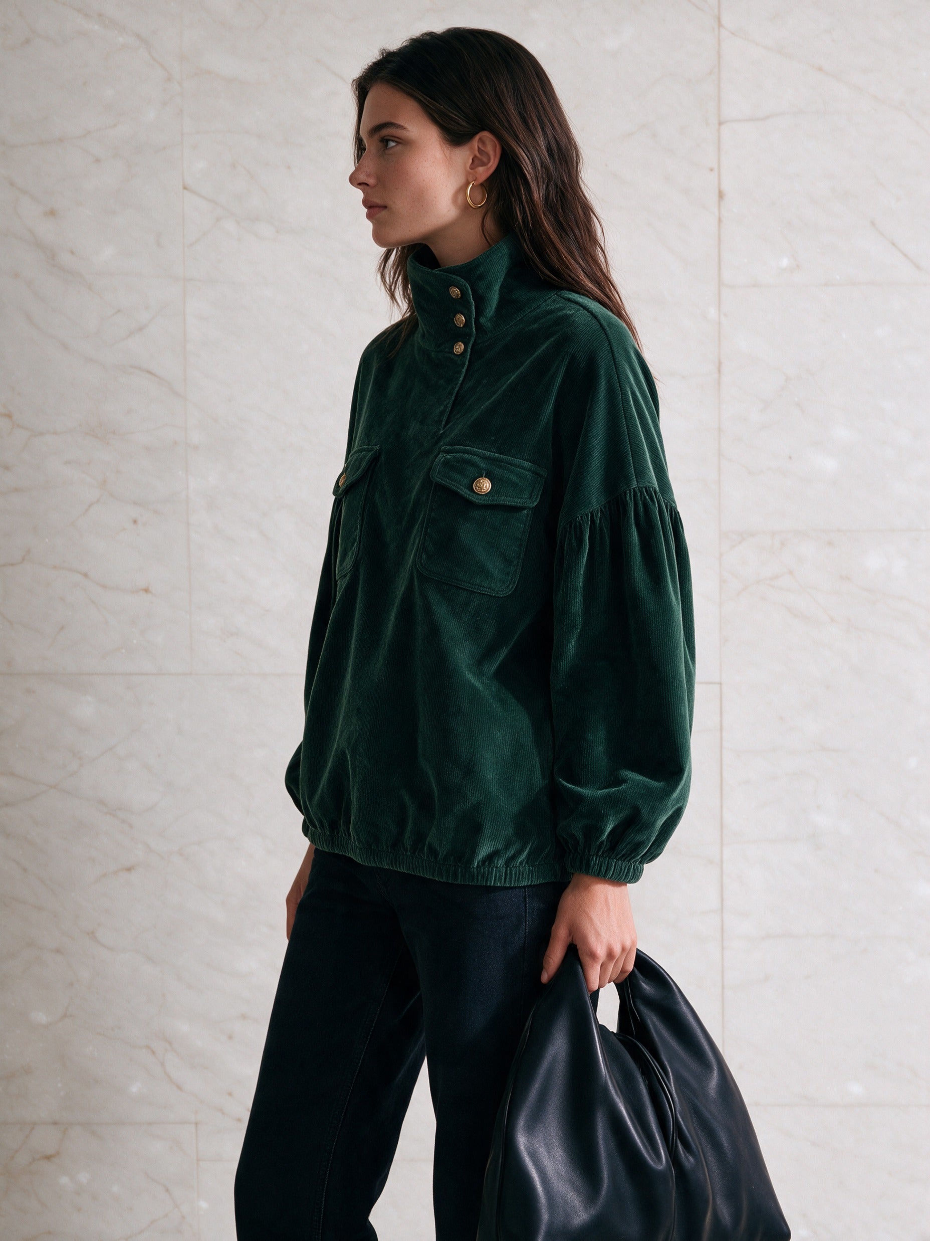 Women’s Stand-Collar Corduroy Pullover With Button Accents