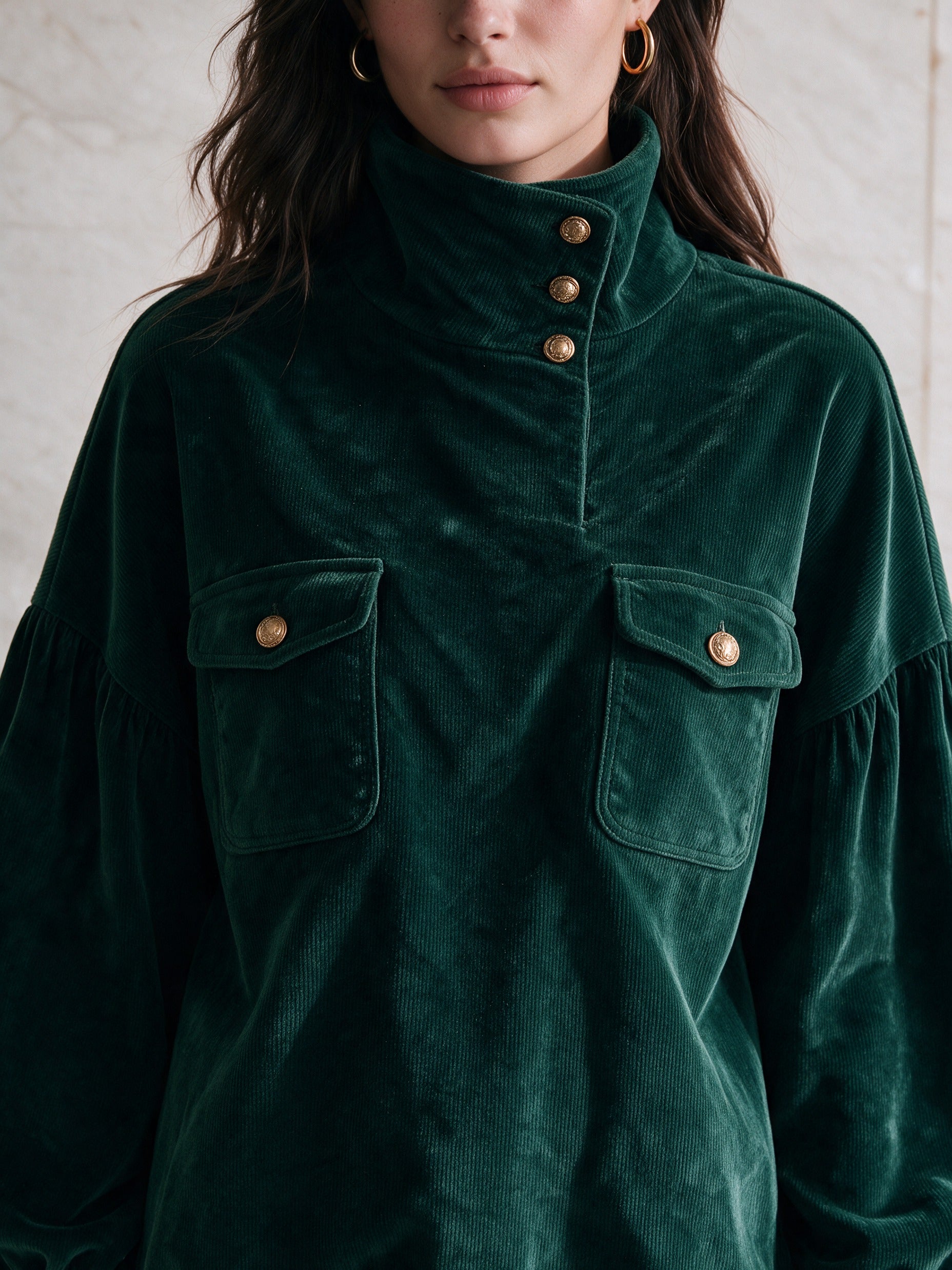 Women’s Stand-Collar Corduroy Pullover With Button Accents