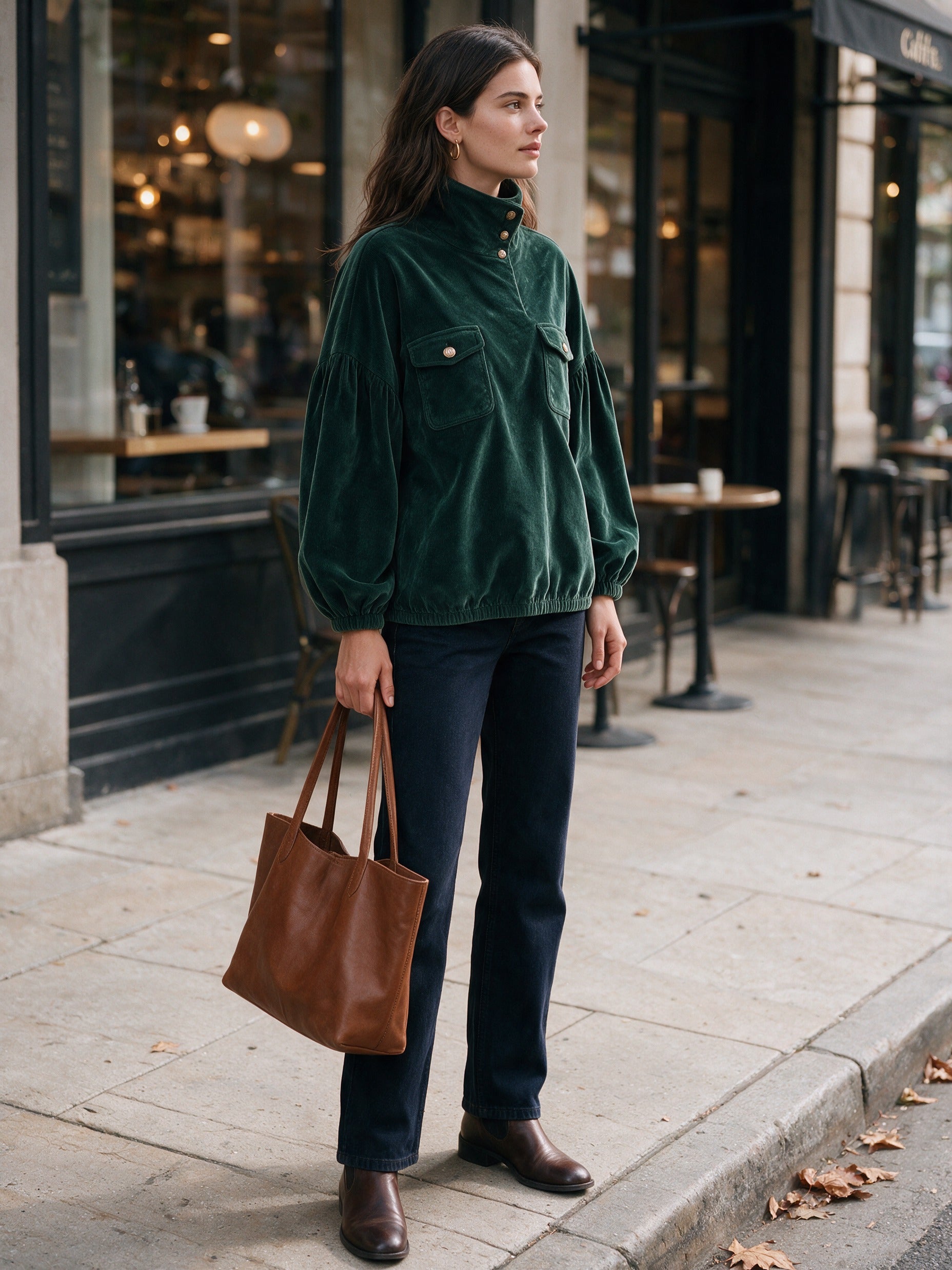 Women’s Stand-Collar Corduroy Pullover With Button Accents