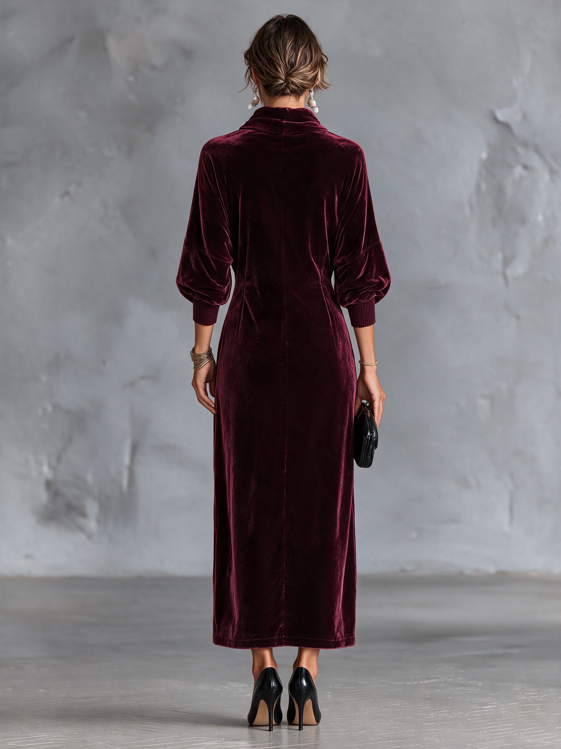 Women’s Vintage-Style Velvet Maxi Dress With Asymmetric Placket And Cowl Neck