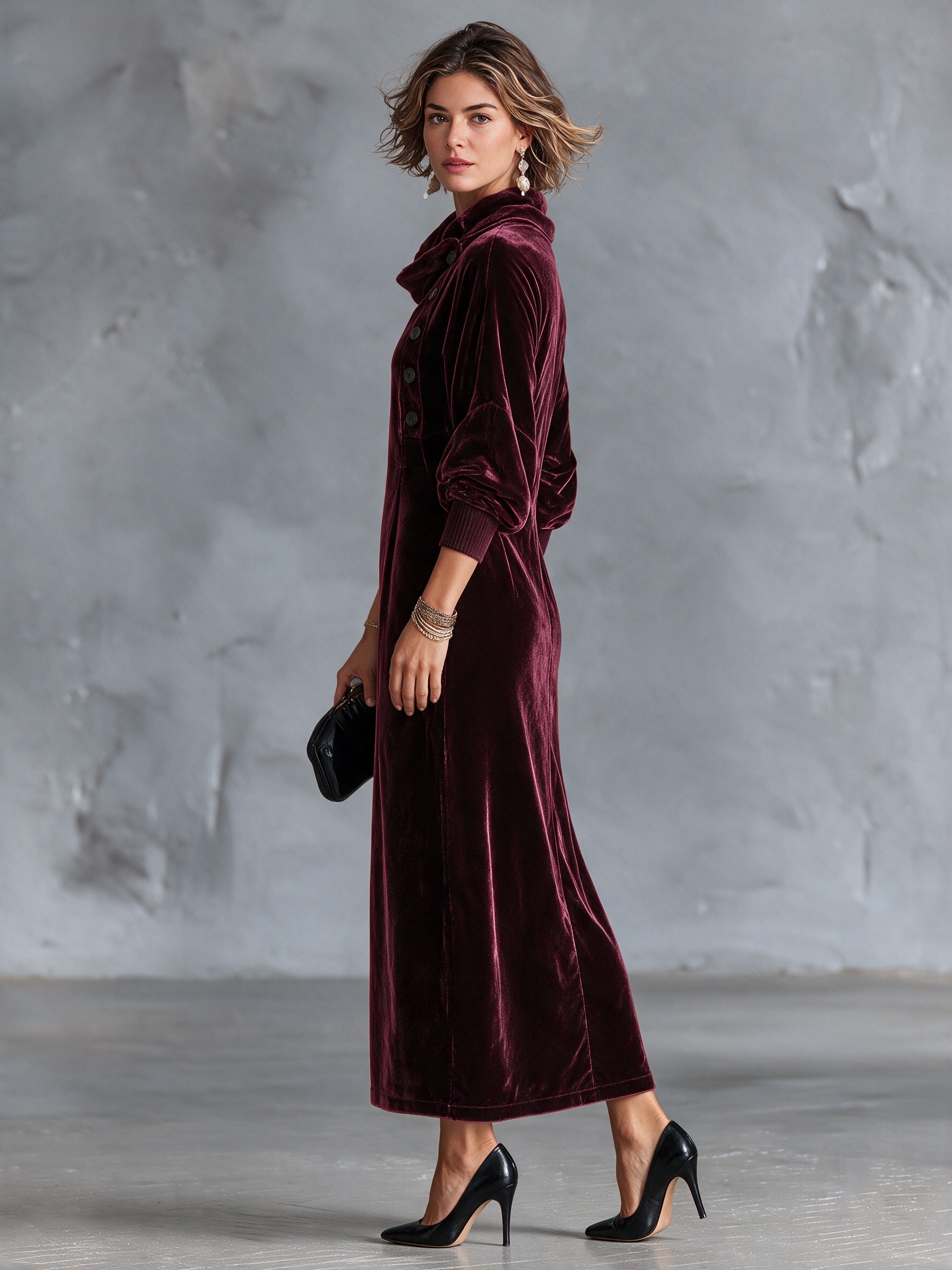 Women’s Vintage-Style Velvet Maxi Dress With Asymmetric Placket And Cowl Neck