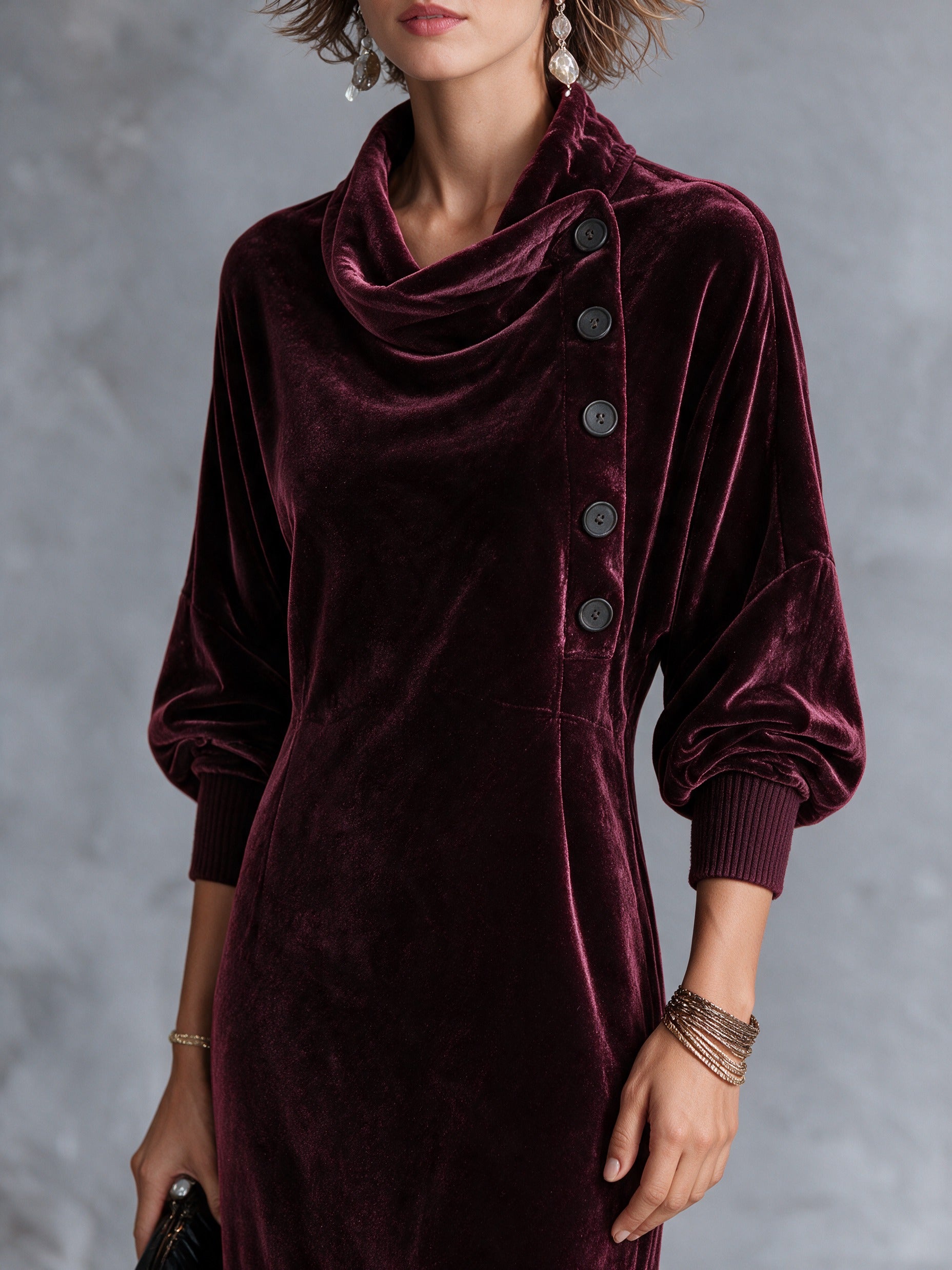 Women’s Vintage-Style Velvet Maxi Dress With Asymmetric Placket And Cowl Neck