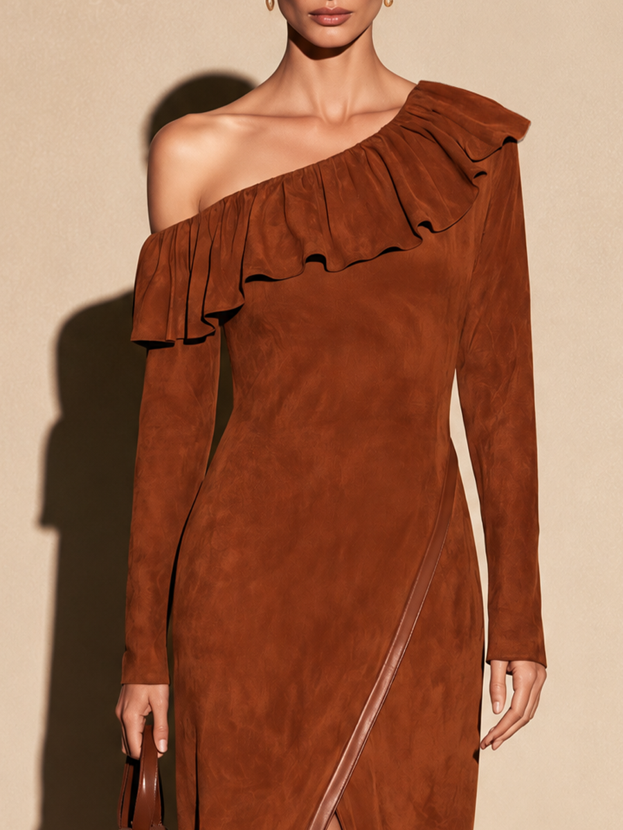 Women's Asymmetric One-Shoulder Ruffle Long Sleeve Dress