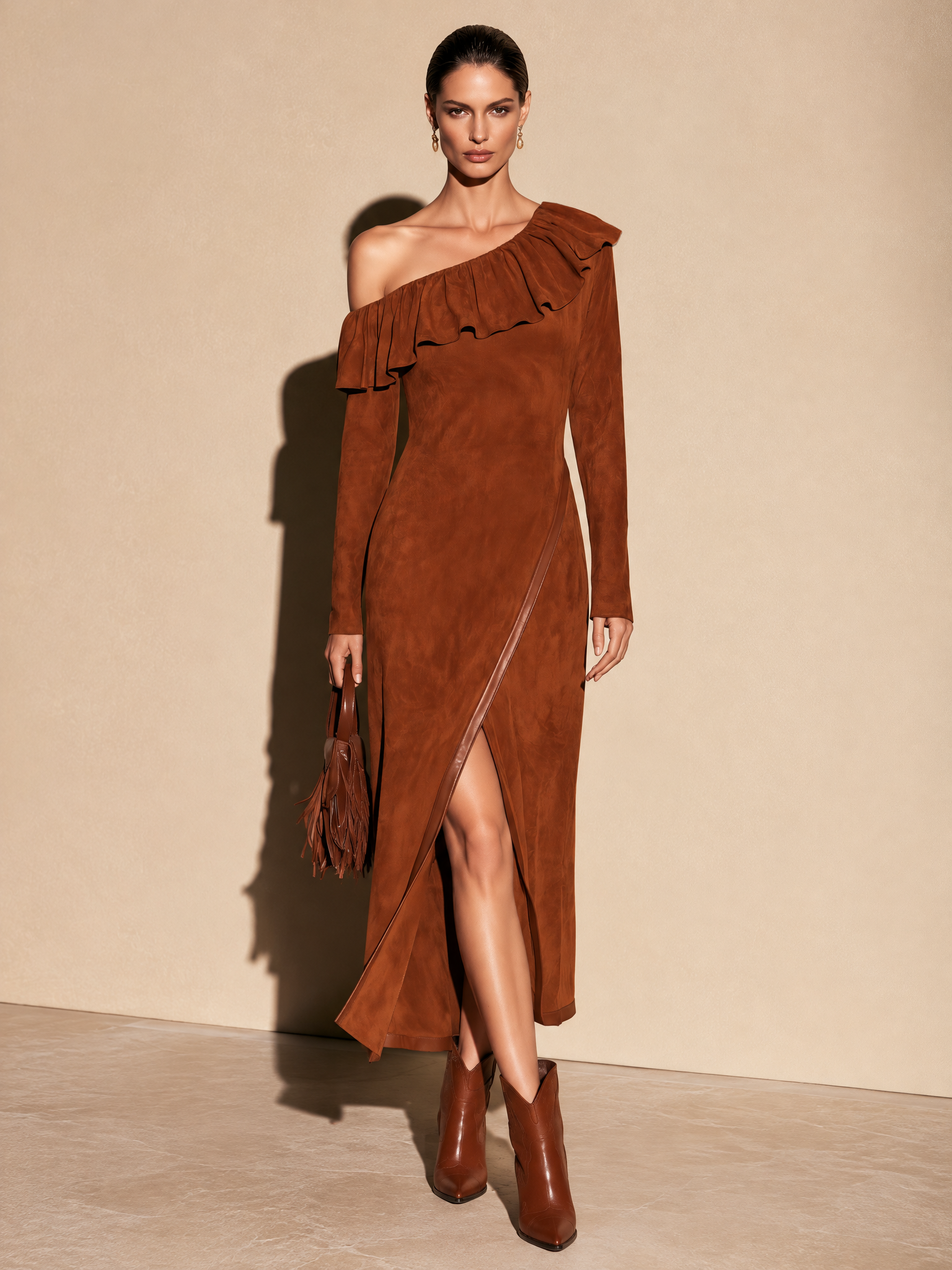 Women's Asymmetric One-Shoulder Ruffle Long Sleeve Dress