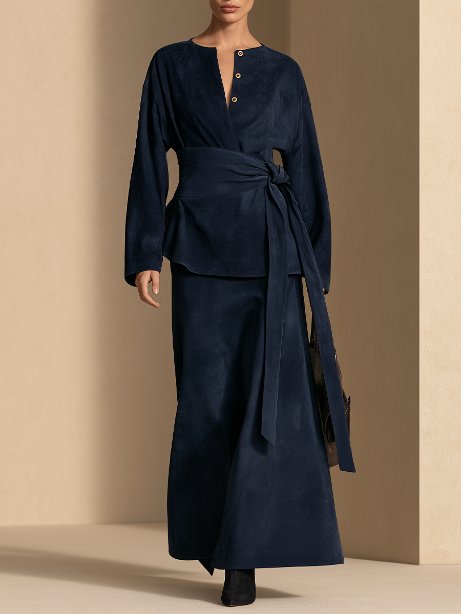Women's Long-Sleeve Maxi Dress with Tie Waist