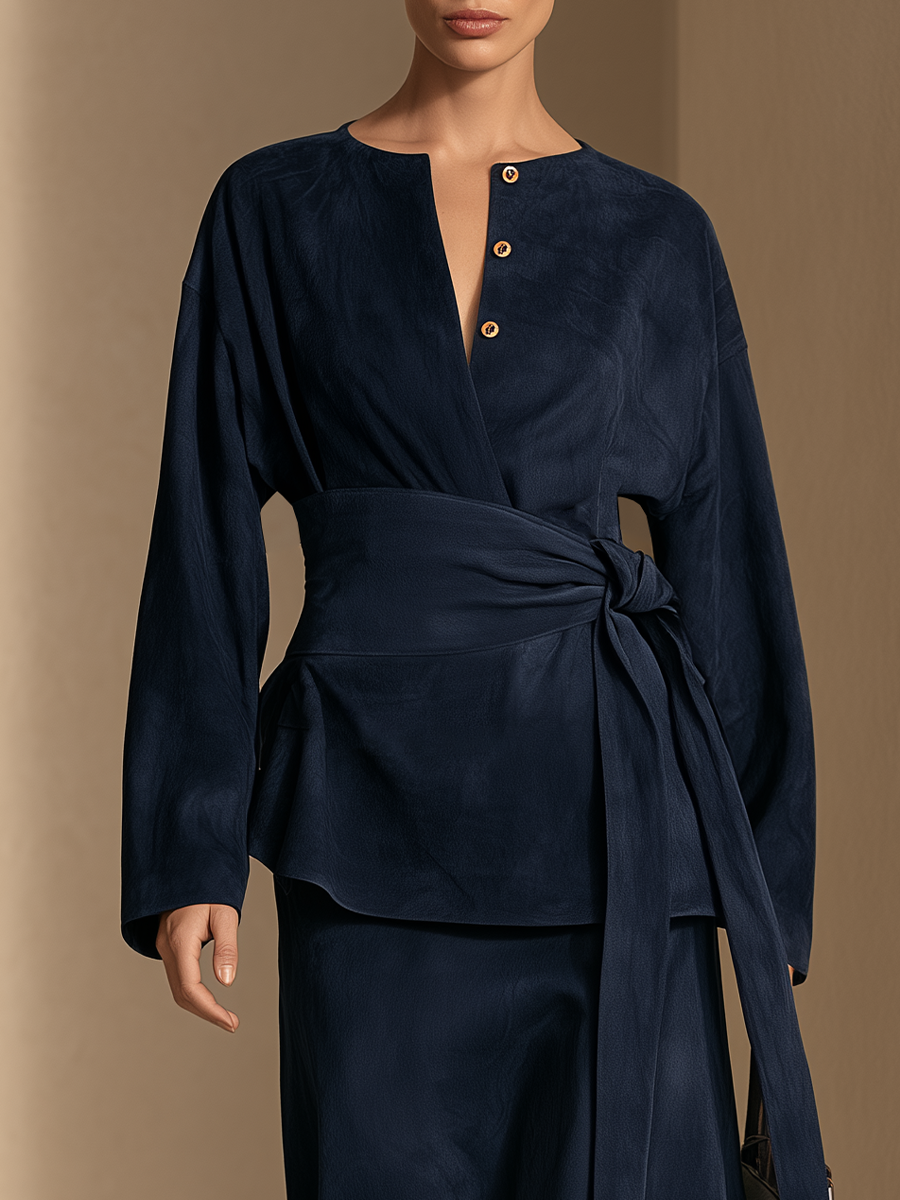 Women's Long-Sleeve Maxi Dress with Tie Waist