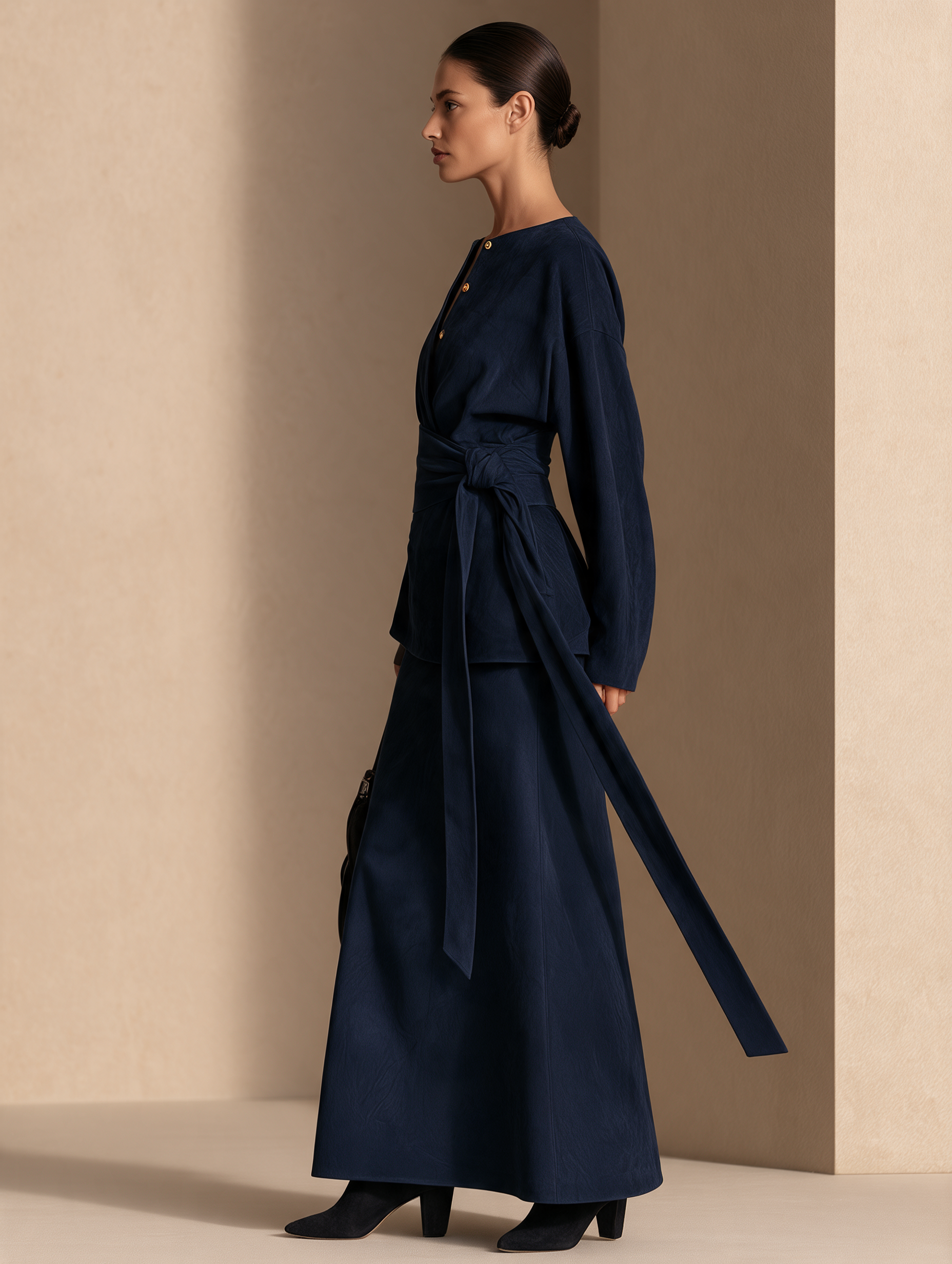 Women's Long-Sleeve Maxi Dress with Tie Waist
