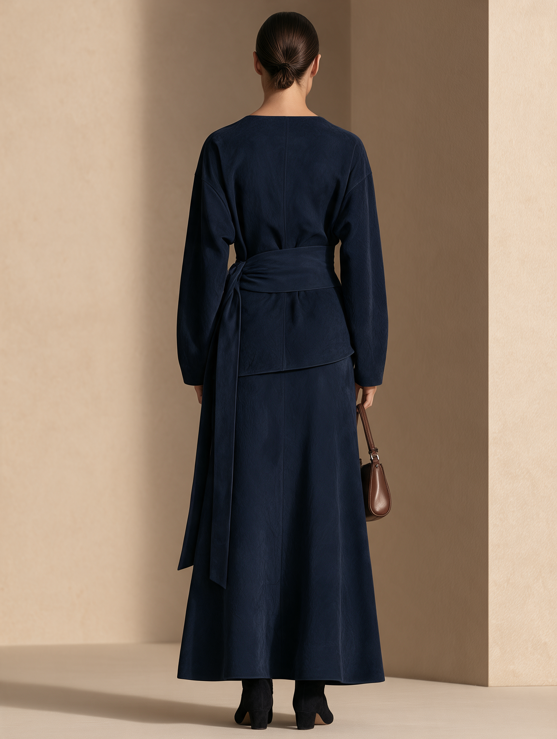 Women's Long-Sleeve Maxi Dress with Tie Waist