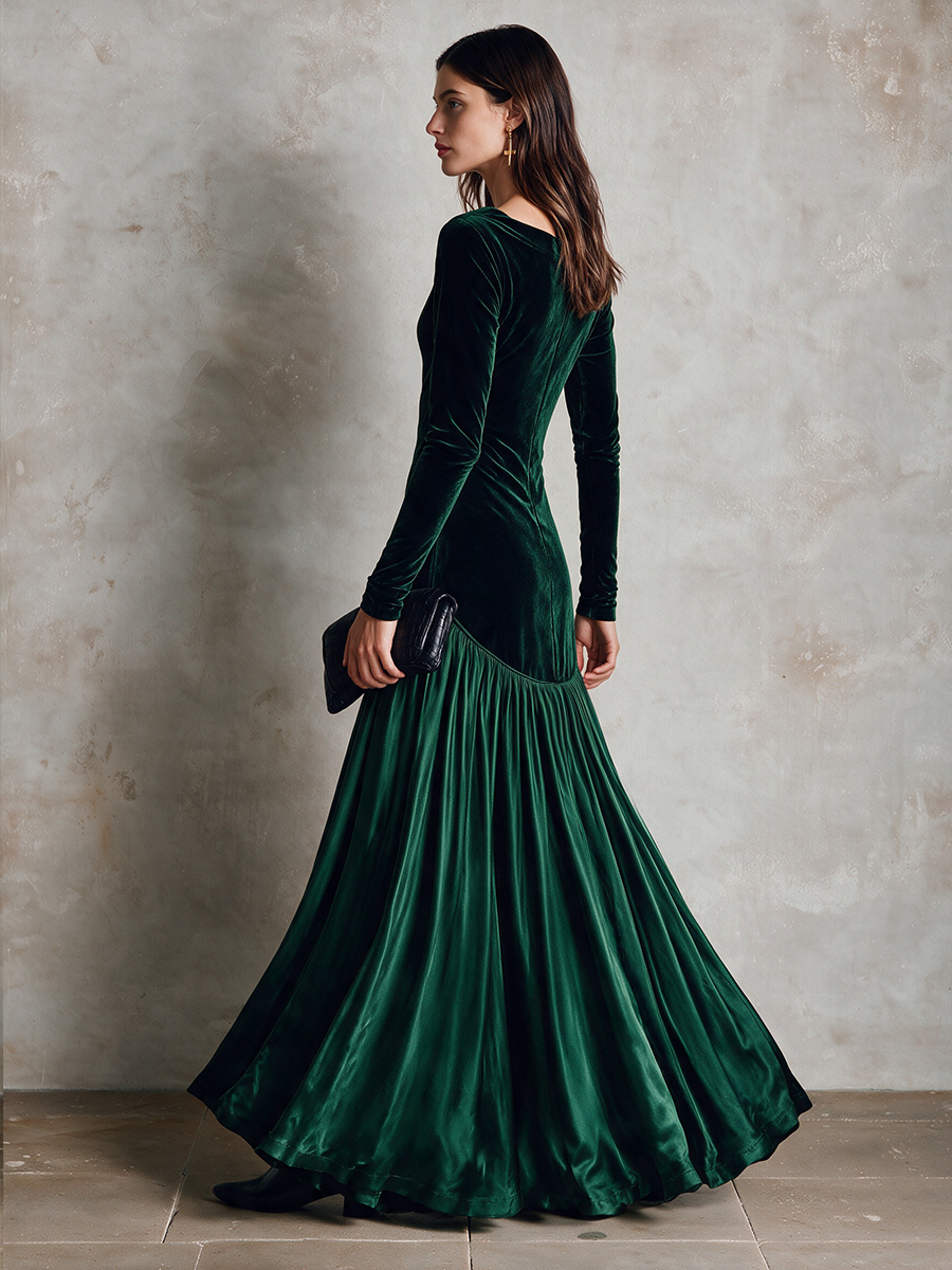 Women’s Velvet-Paneled Woven Party Maxi Dress