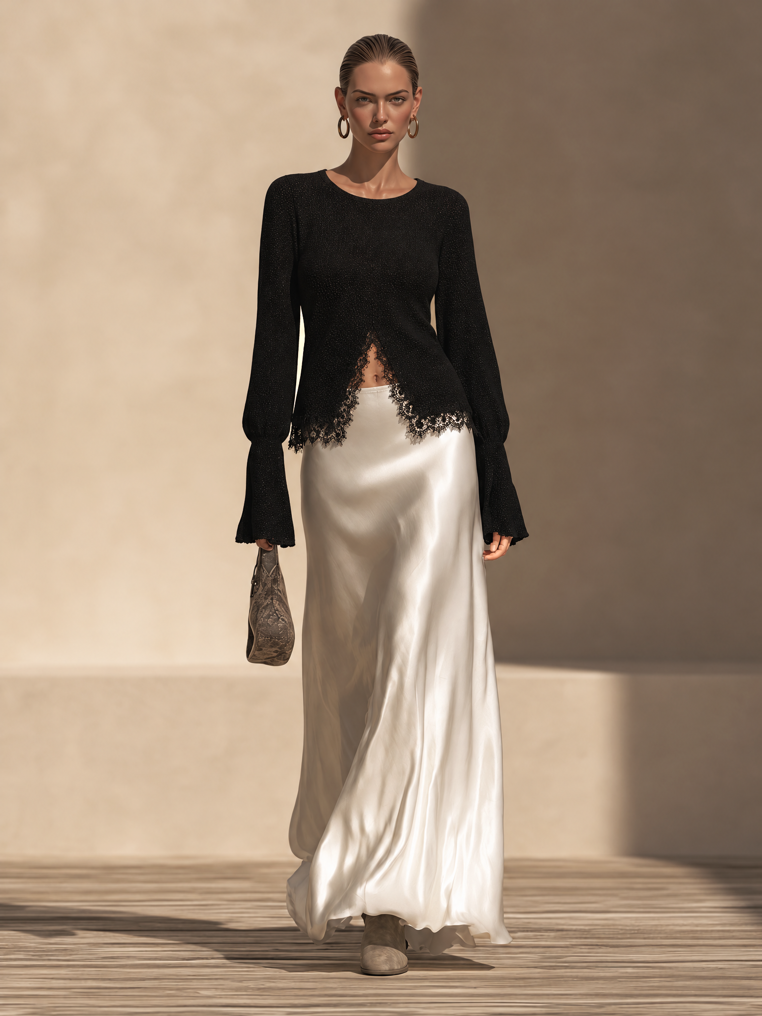 Women's Long Sleeve Lace Trim Top And Maxi Skirt Set