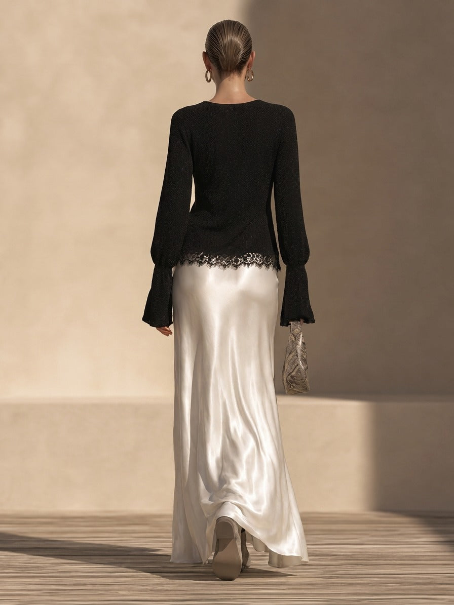Women's Long Sleeve Lace Trim Top And Maxi Skirt Set
