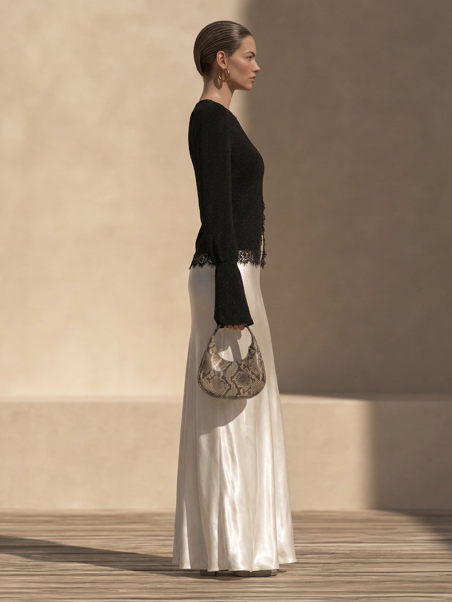Women's Long Sleeve Lace Trim Top And Maxi Skirt Set
