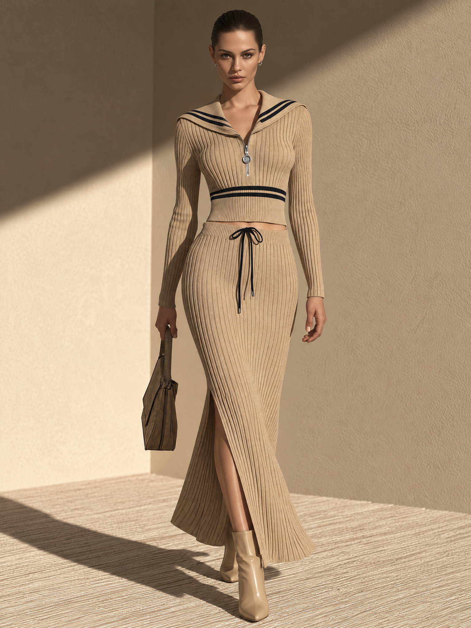 Women's Cropped Zip Sweater with Sailor Collar and Maxi Skirt Set