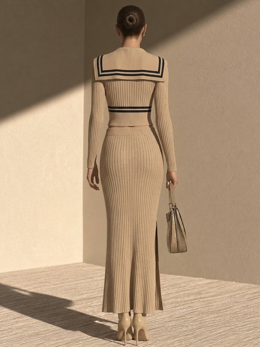 Women's Cropped Zip Sweater with Sailor Collar and Maxi Skirt Set