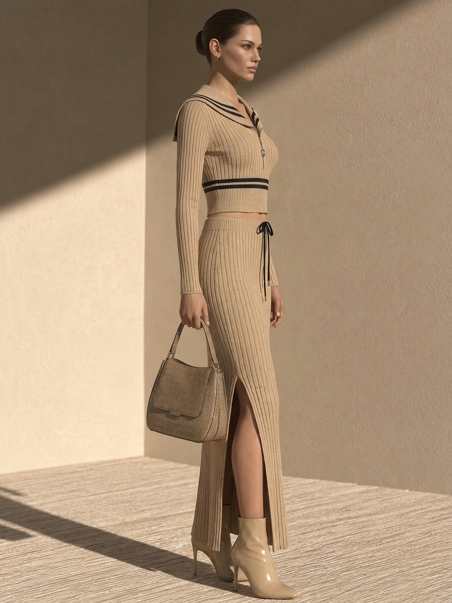 Women's Cropped Zip Sweater with Sailor Collar and Maxi Skirt Set