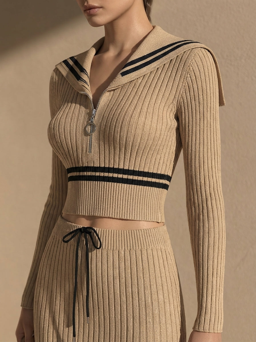 Women's Cropped Zip Sweater with Sailor Collar and Maxi Skirt Set