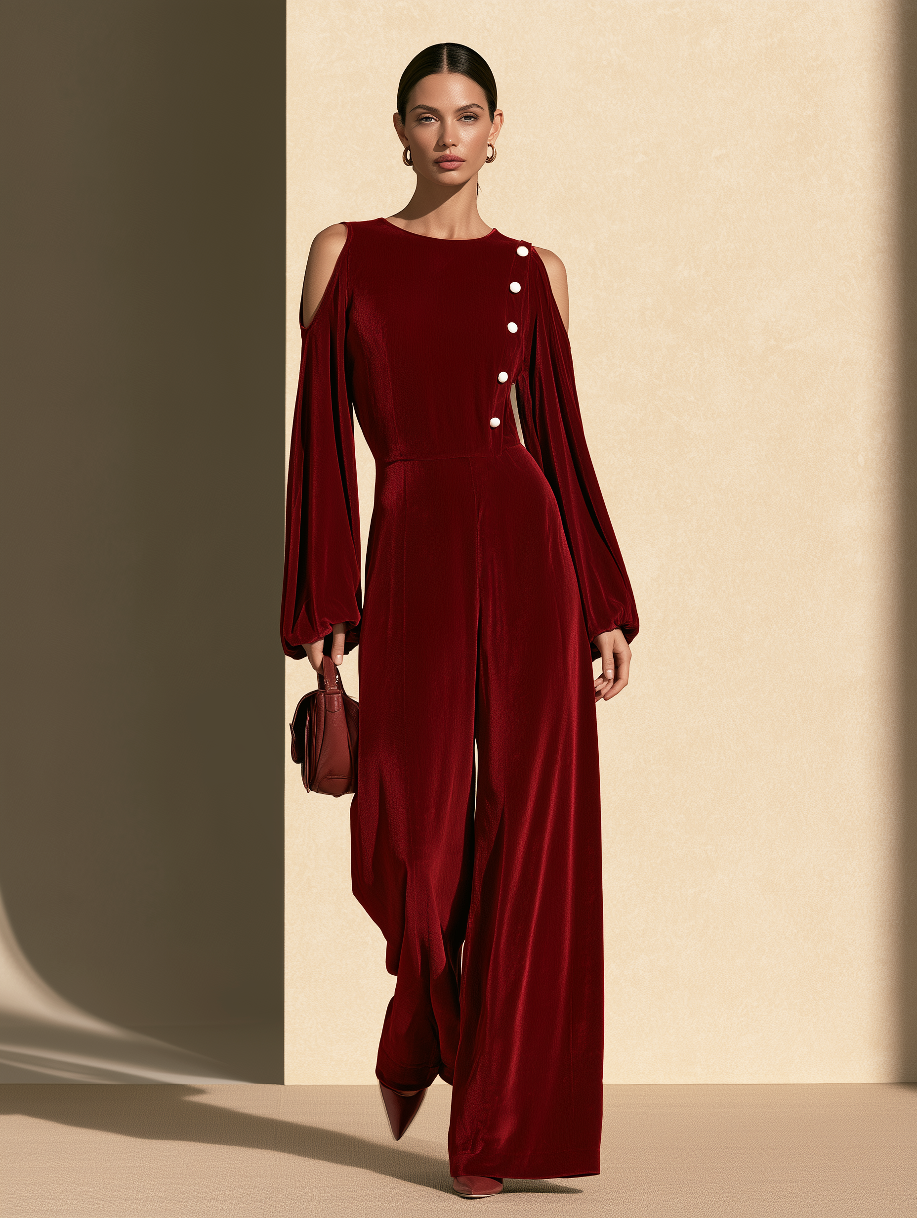 Women's Burgundy Velvet Cold-Shoulder Wide-Leg Jumpsuit