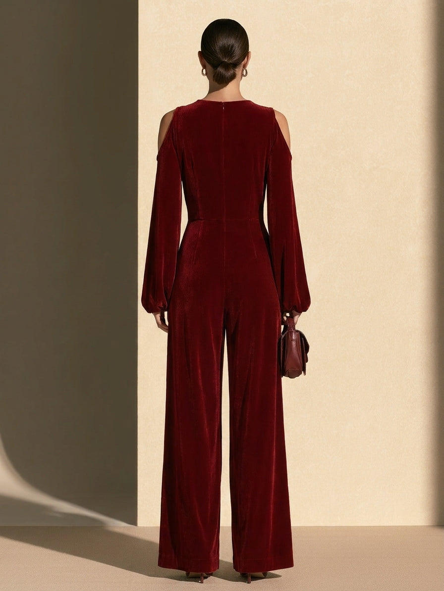 Women's Burgundy Velvet Cold-Shoulder Wide-Leg Jumpsuit