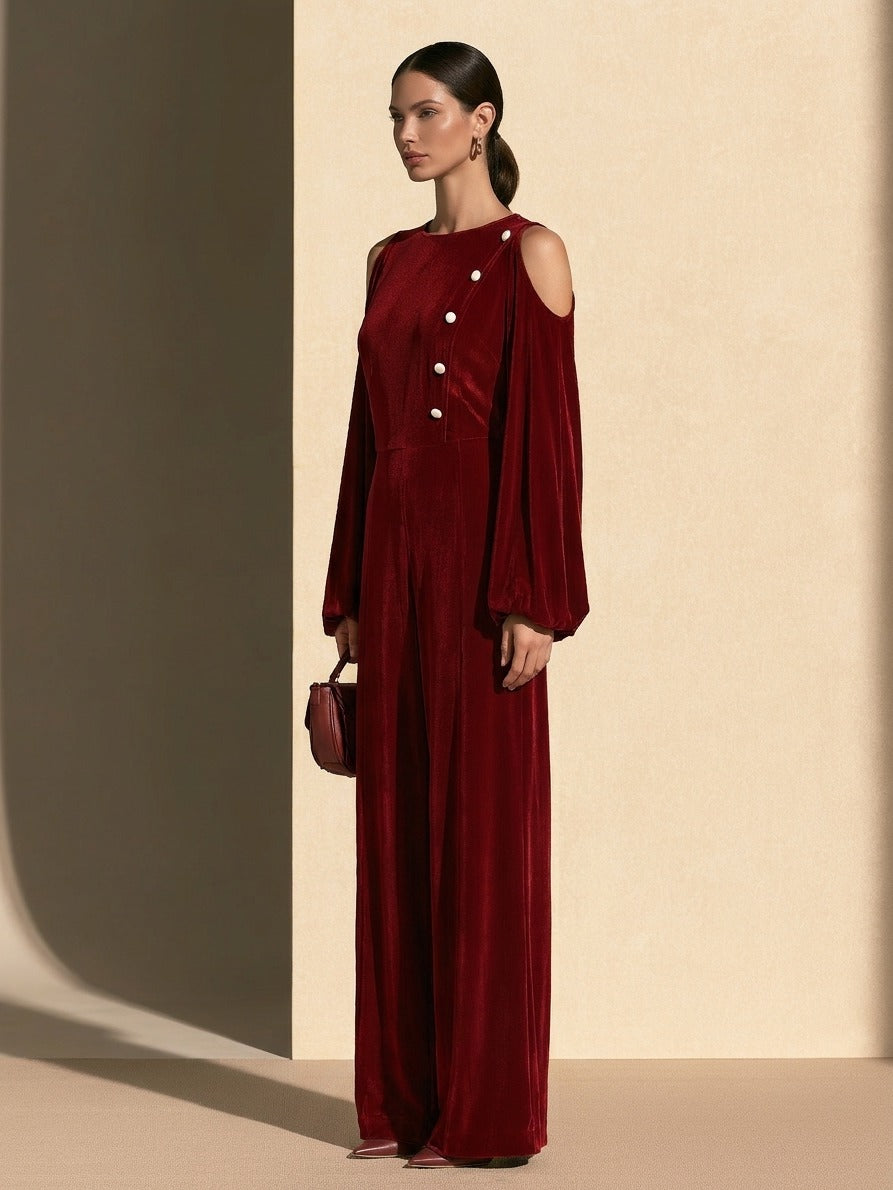 Women's Burgundy Velvet Cold-Shoulder Wide-Leg Jumpsuit
