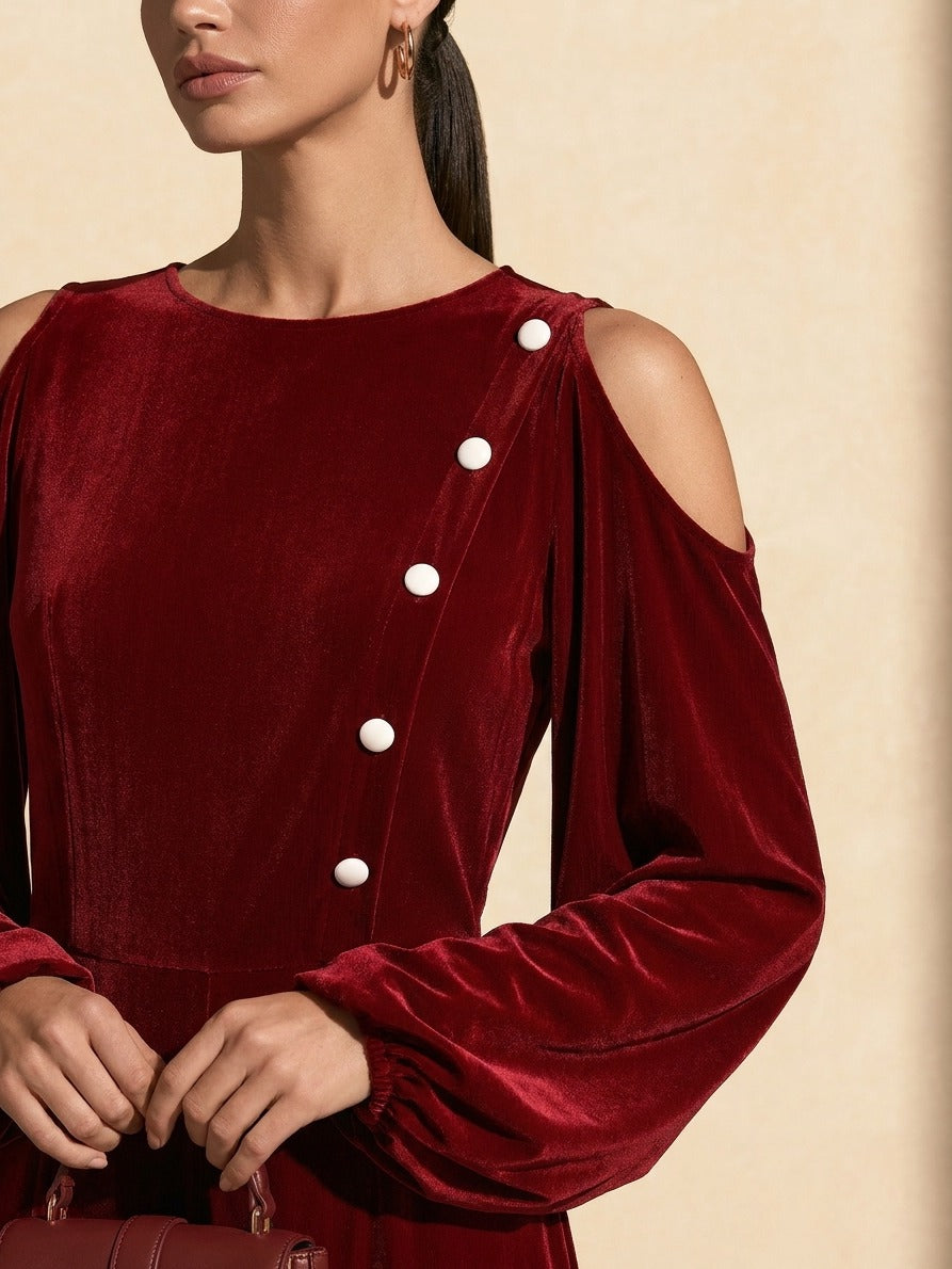 Women's Burgundy Velvet Cold-Shoulder Wide-Leg Jumpsuit