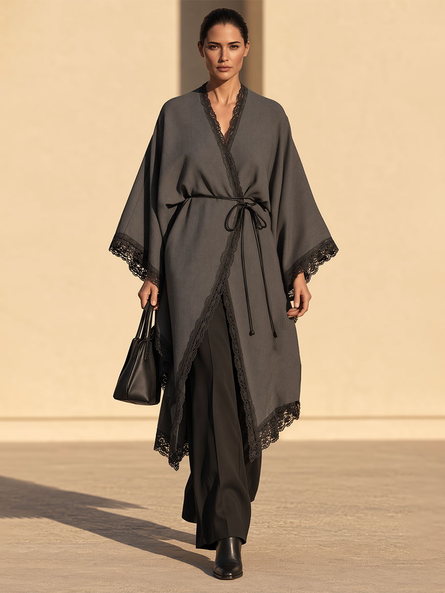 Women's Lace-Trim Belted Long Open-Front Coat