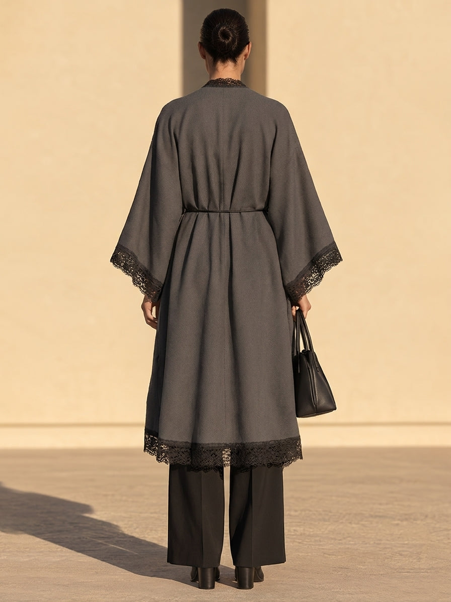 Women's Lace-Trim Belted Long Open-Front Coat