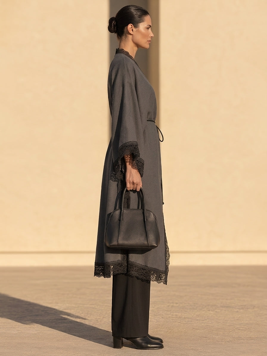 Women's Lace-Trim Belted Long Open-Front Coat