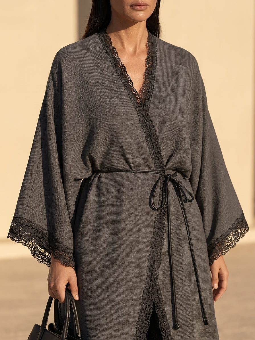 Women's Lace-Trim Belted Long Open-Front Coat