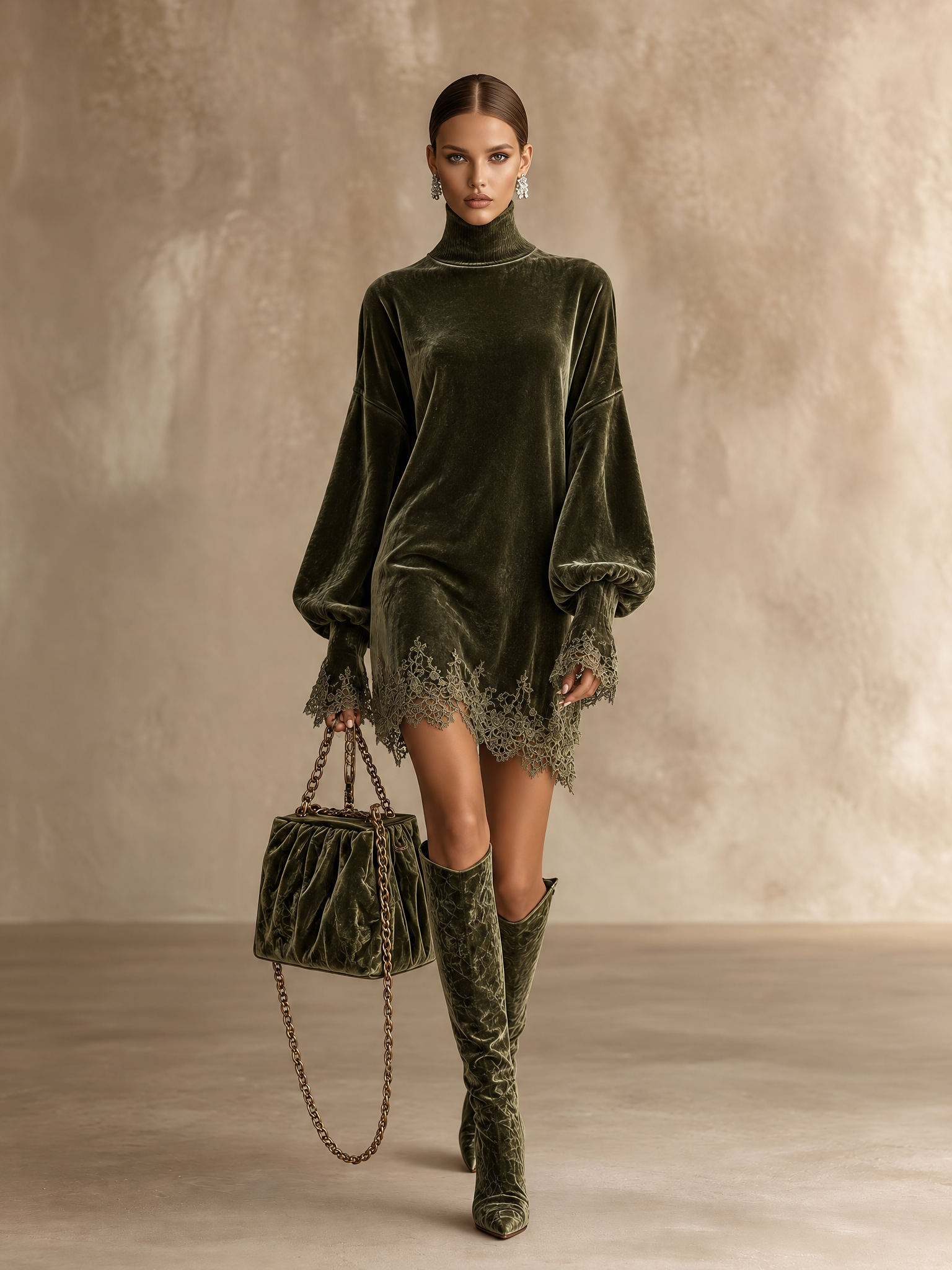 Women's Velvet Turtleneck Mini Dress with Lace Trim Balloon Sleeves