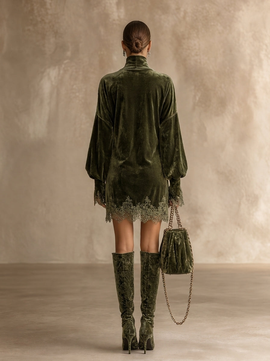 Women's Velvet Turtleneck Mini Dress with Lace Trim Balloon Sleeves