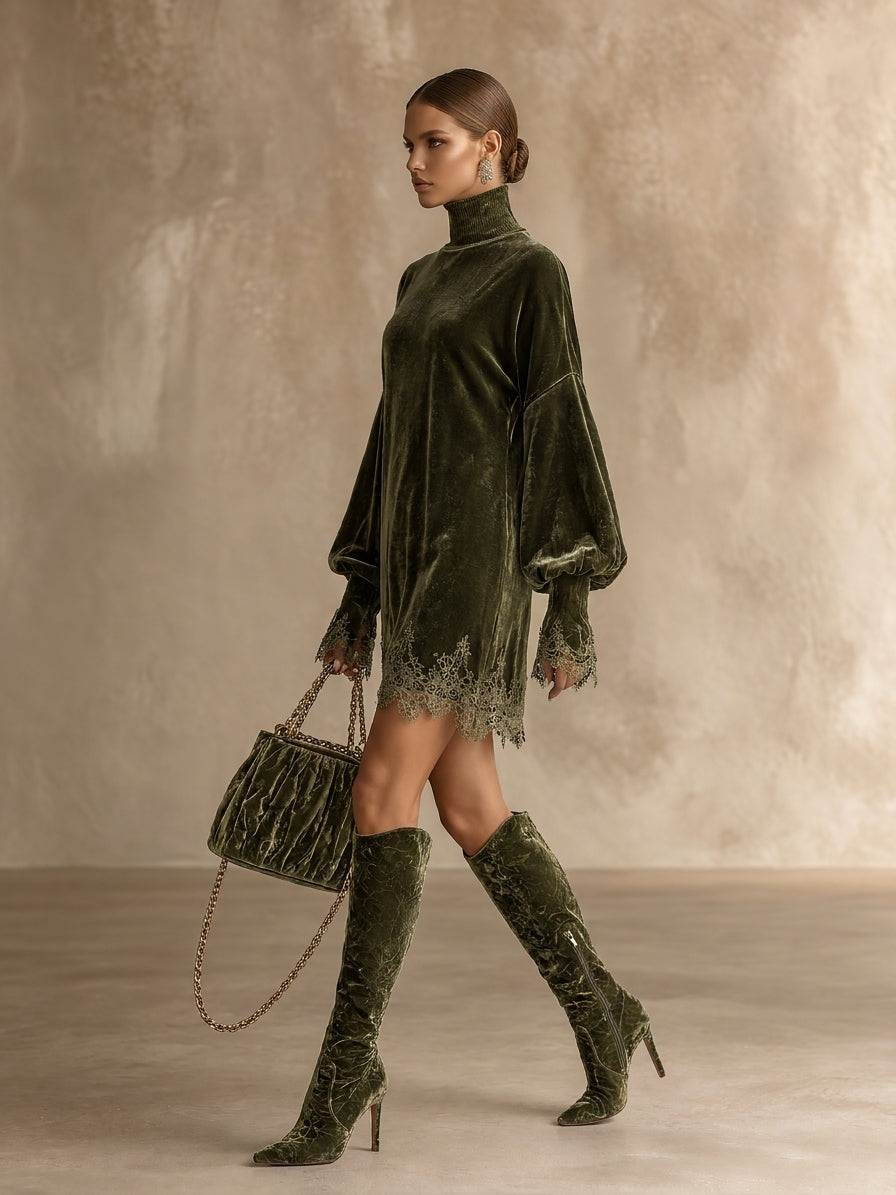 Women's Velvet Turtleneck Mini Dress with Lace Trim Balloon Sleeves